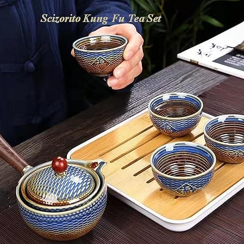 Miniatura 8 de Juego de té de viaje portátil de cerámica, juego de té chino de kungfu con tetera de rotación 360 e infusor, 4 tazas de té, bandeja de té y bolsa de