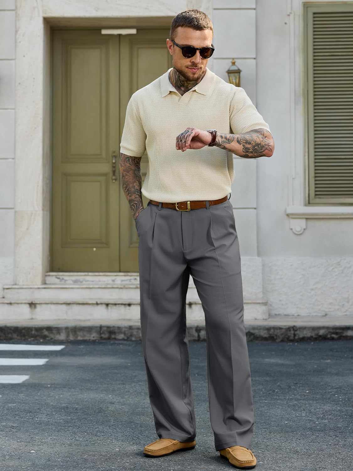 Comdecevis Men's Pleat-Front Dress Pants 30" 32" Relaxed Fit Wrinkle-Free Trousers for Men - Image 3