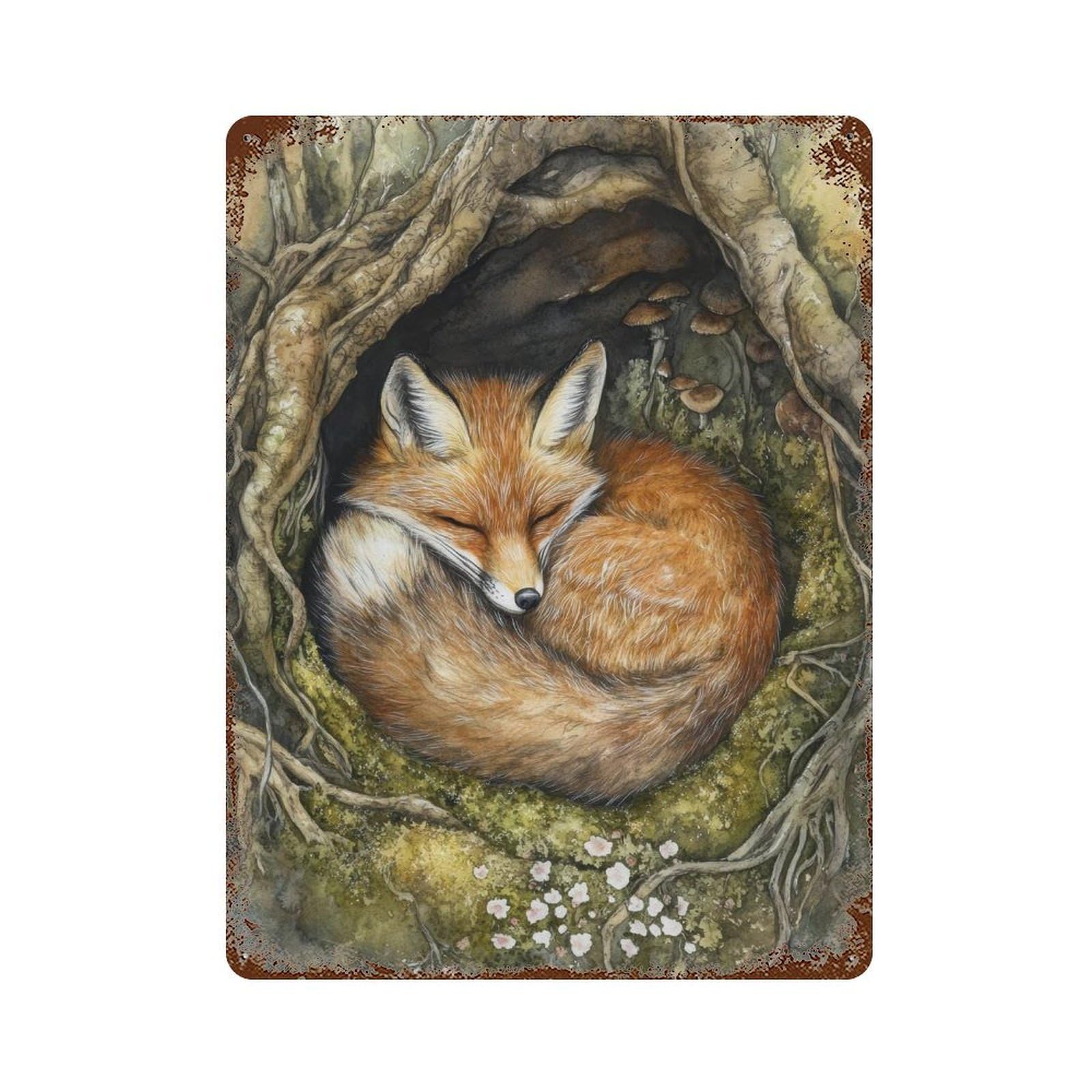 Sleeping Fox in Tree Roots Cottagecore Decor Rustic Wildlife Illustration Enchanted Woodland1 Wall Decor Art Metal Tin Poster Modern Home Decor Art Home Bar Shop Decorations Vintage Sign 40x30cm