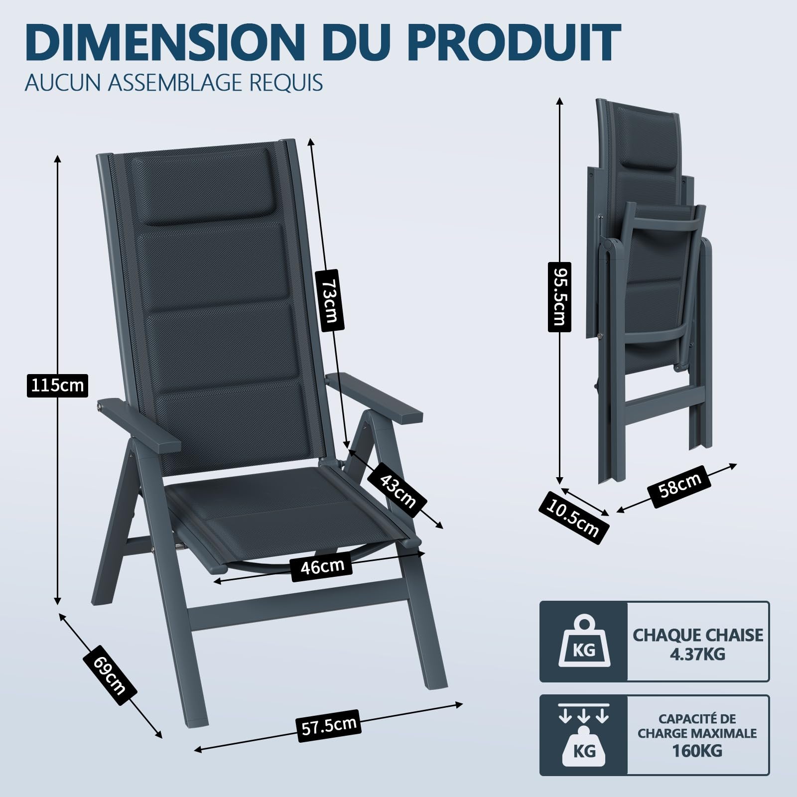 Devoko Lot de 2 Chaises de Jardin Pliantes Aluminium - Fauteuil de Jardin Exterieur Réglables sur 7 Positions, Portable Chaise à Dossier Haut Adapté à Toutes Tables pour Jardin, Terrasse, Piscine