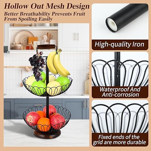 Miniatura 6 de Paquete de 2 fruteros de 2 niveles con colgador de plátano y mango de madera, cesta de verduras de alambre de metal para encimera de cocina