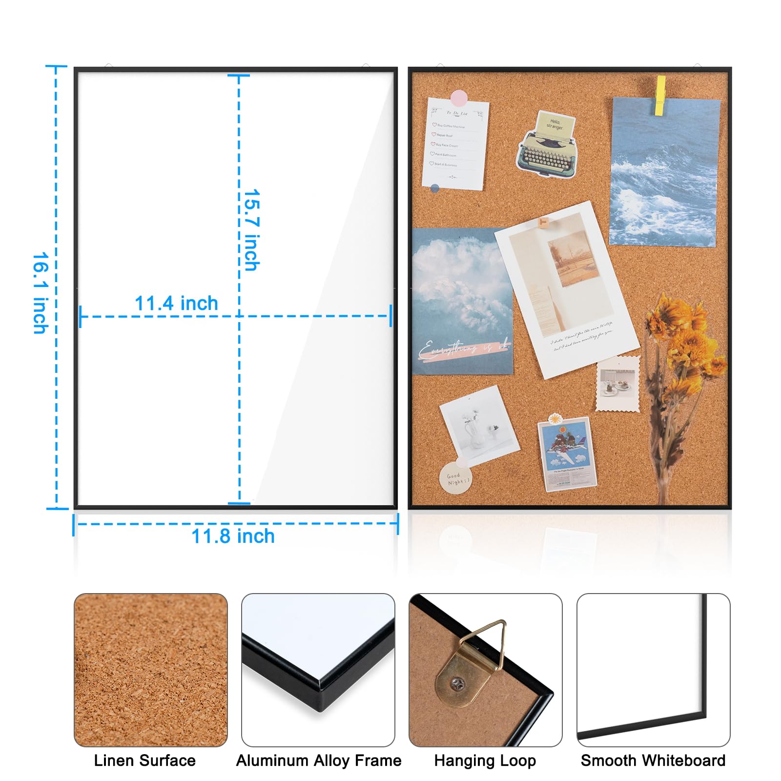 KIKIONLIFE Combination Presentation Board with Portable Aluminum Frame White Board & Cork Board for Home Office Wall Decor (16" x 12", 2 Pack Combination Presentation Board)