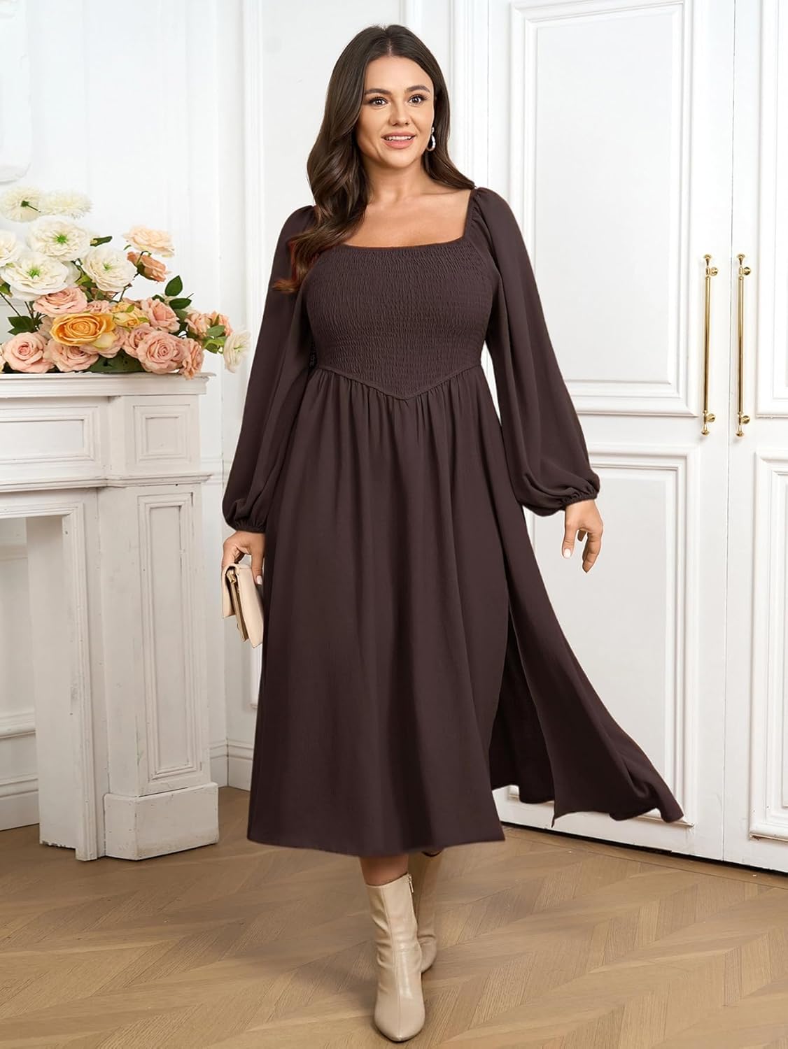 SCOMCHIC Women's Plus Size Fall Dresses Long Sleeve Square Neck Smocked Flowy A-Line Formal Wedding Guest Maxi Dress - Image 5