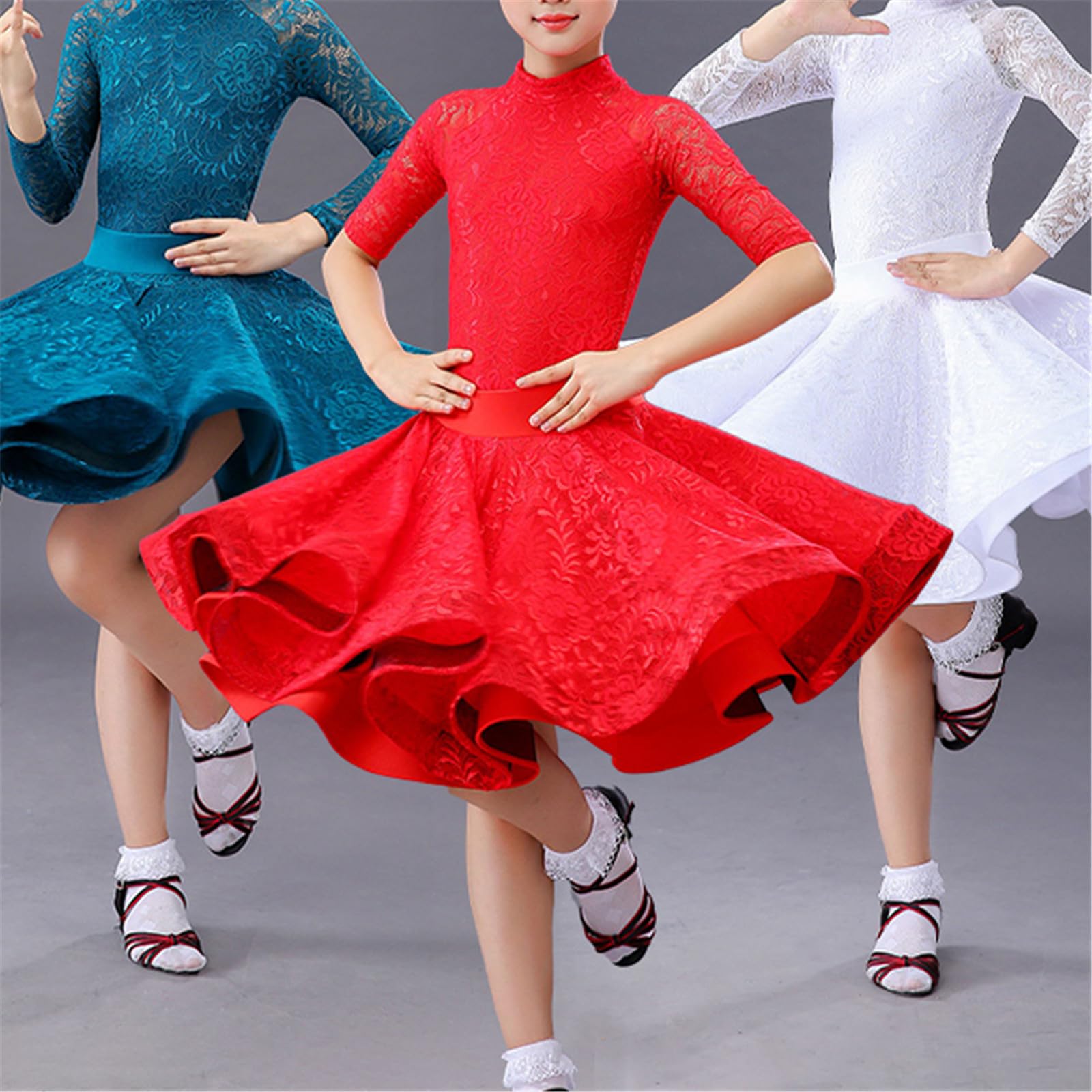 Costume da Spettacolo Teatrale per Ragazze con Body e Gonna per Bambini - Gonna da Ballo Plissettata Salsa Tango, Abito Diviso da Ballo Latino in Pizzo con Orlo Arricciato