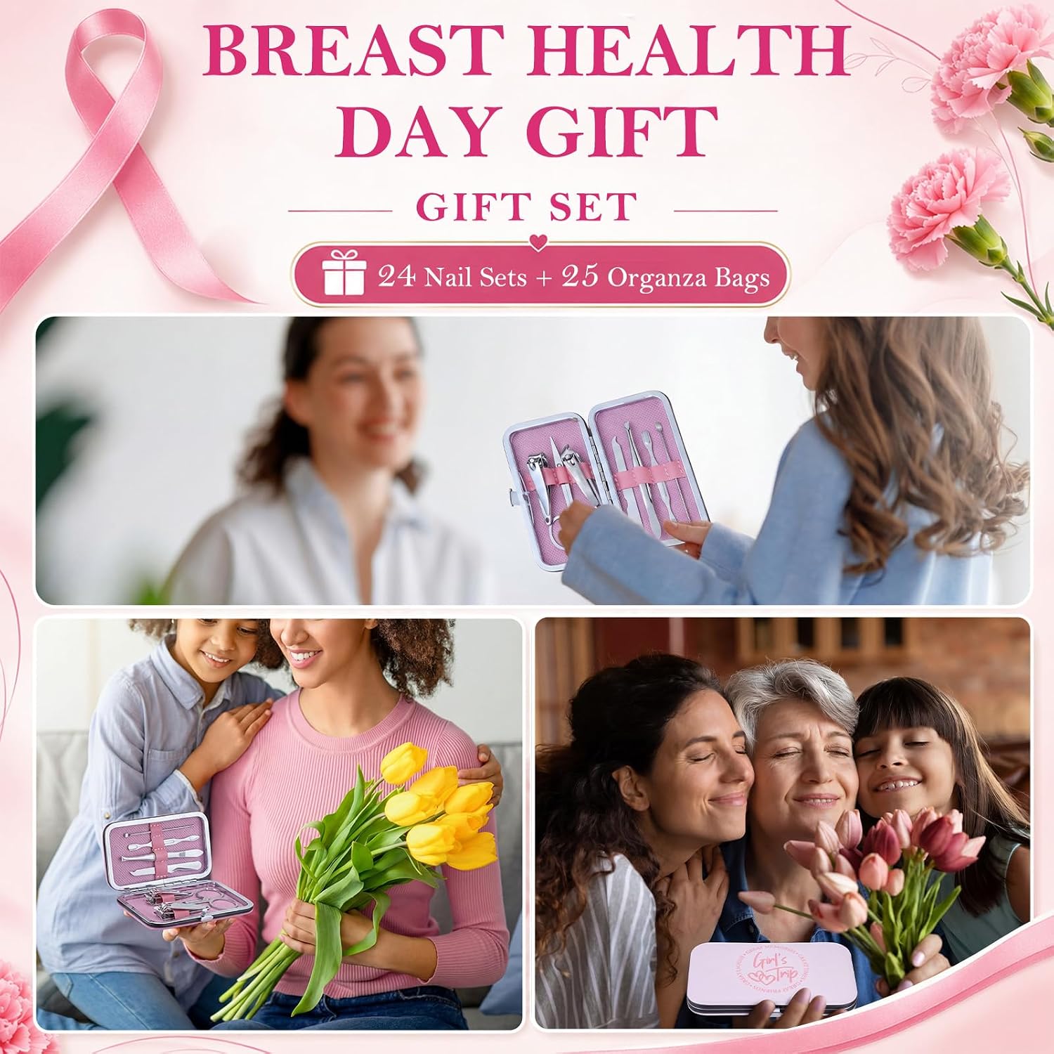 24 Pack Breast Cancer Awareness Manicure Set Gifts for Women