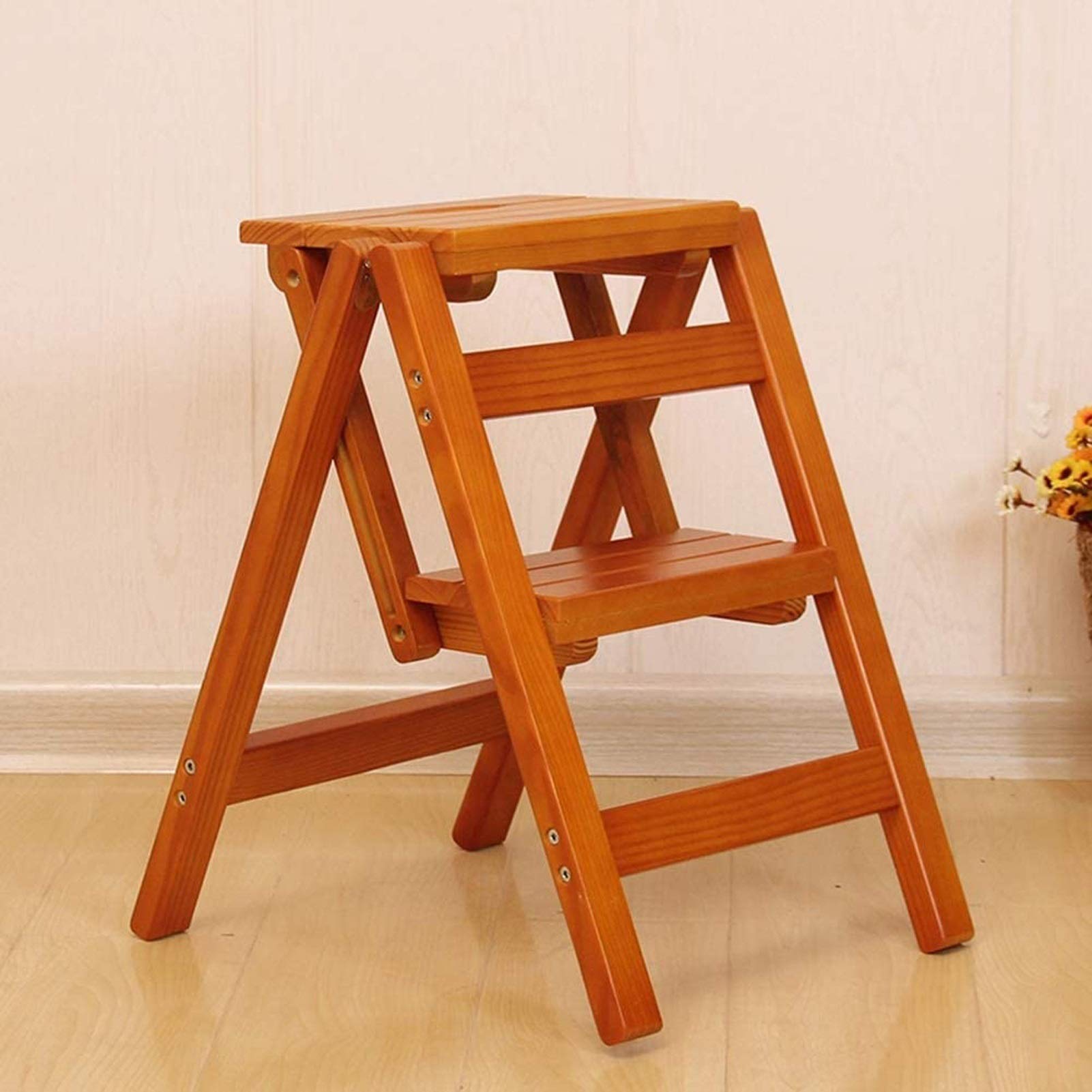 WFZCP Solid Wood Scale Stool Armchair Foldable Stool 2 Multifunctional Steps Folding Solid Wooden Chair Wood (Color : Lightwalnut)