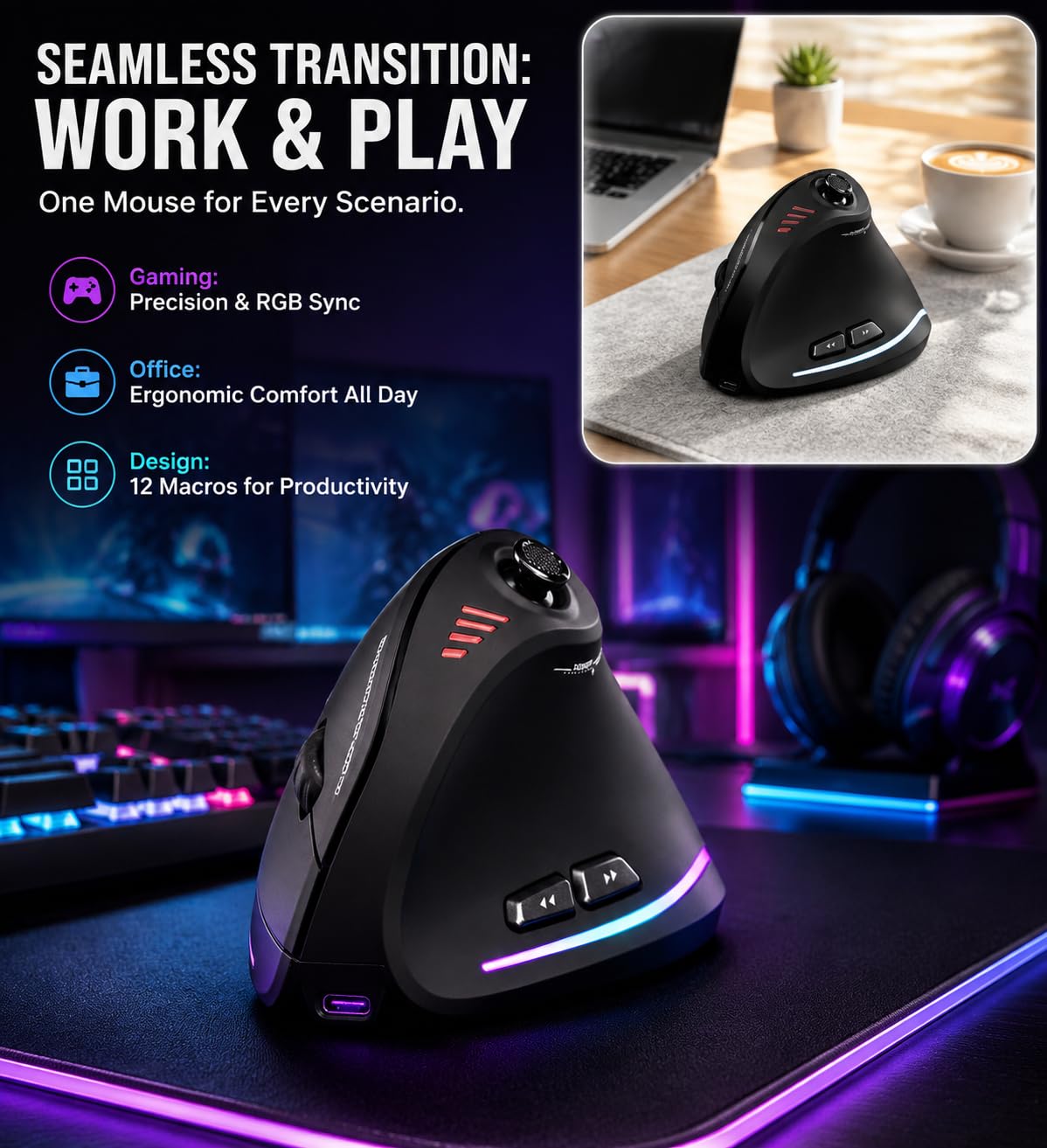 TKMARS Souris Ergonomique sans Fil avec Joystick, Souris Bluetooth Gamer Verticale 12 Boutons Programmables 24000 DPI Réglables Gaming Mouse pour PC MacBook et Ordinateurs Portables