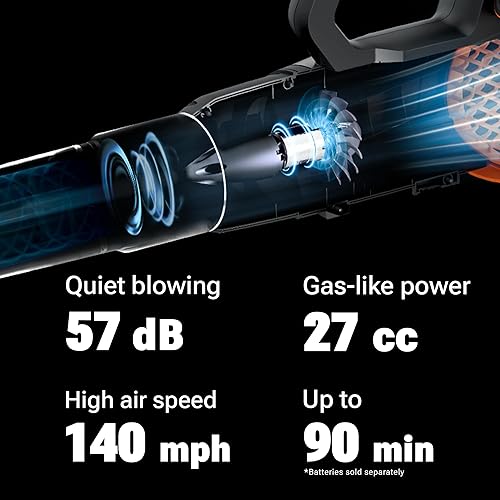 Miniatura 2 de WORX Nitro WG581.9 - Soplador de hojas inalámbrico de 40 V, soplador eléctrico silencioso para cuidado del césped con 530 CFM y 140 MPH, baterías y