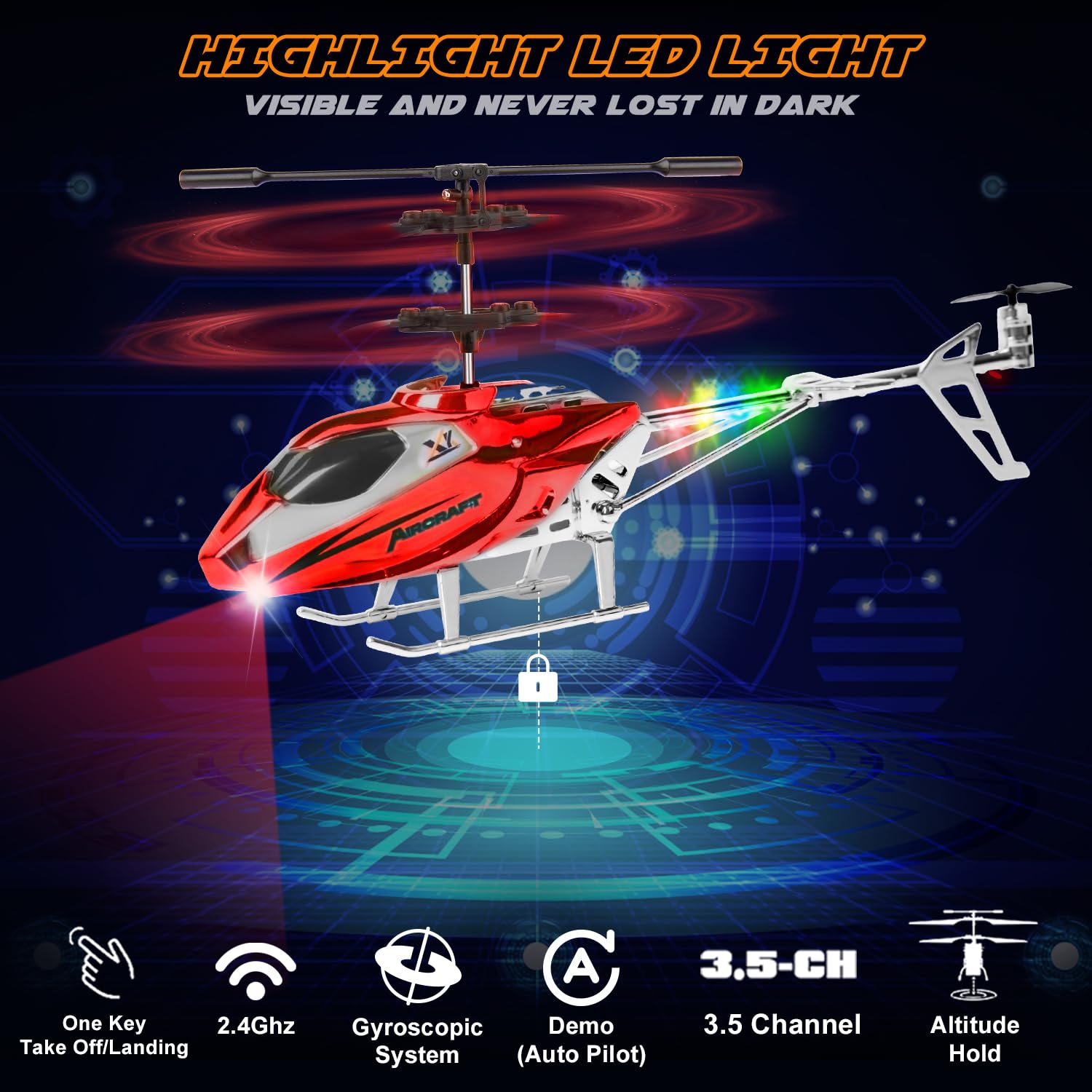 TERRAMUS Remote Control Helicopter for Kids, 2.4G Altitude Hold RC Helicopters with LED Light & Gyro, Radio Controlled Aircraft Indoor Toy with 3.5 Channel High Low Speed for Boys Beginner - Image 2