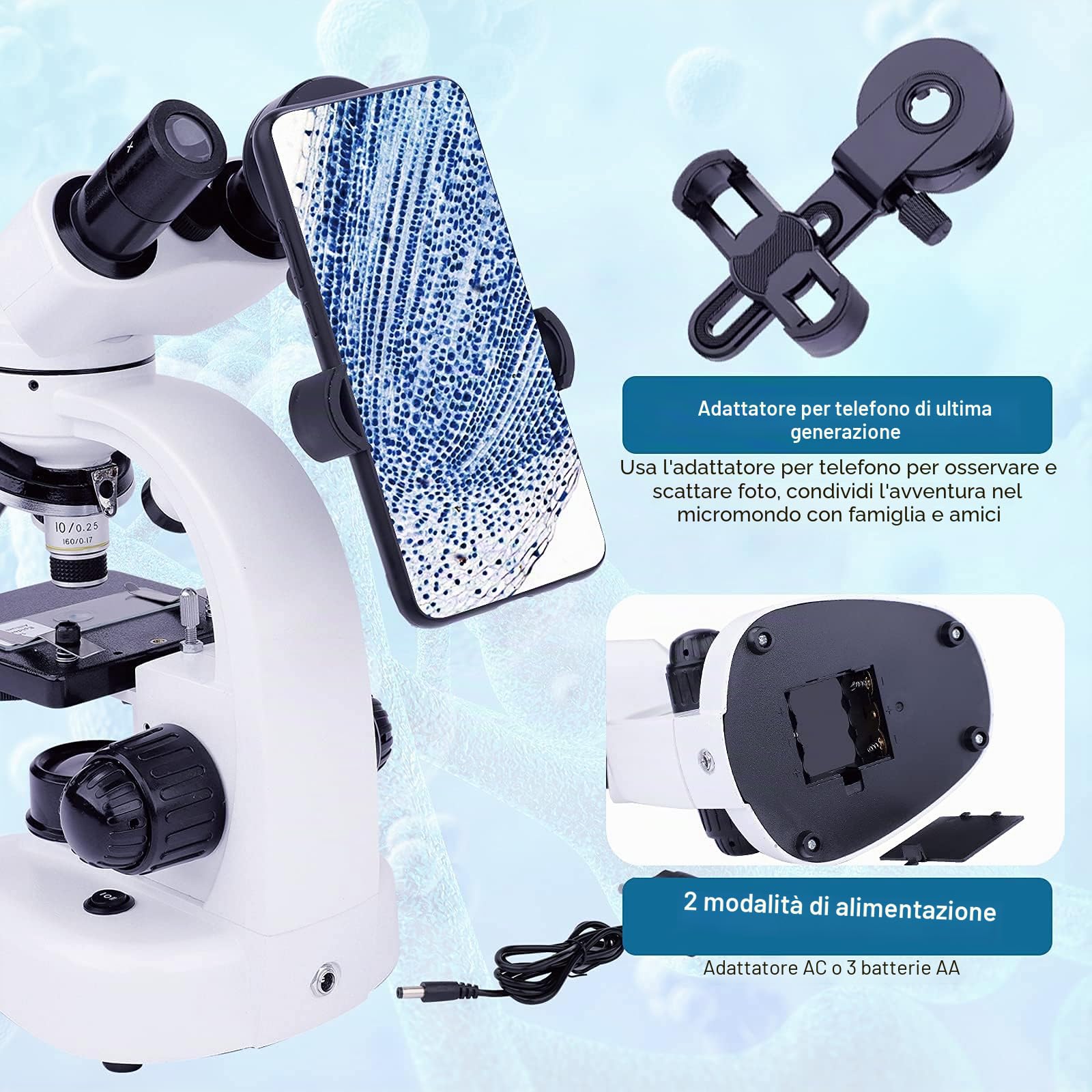 Microscopio Binoculare Composti con Oculari - Microscopio Binocolo per Bambini Adulti - Set microscopio Junior 40x-1000x - Illuminazione a LED per luce trasmessa e luce riflessa