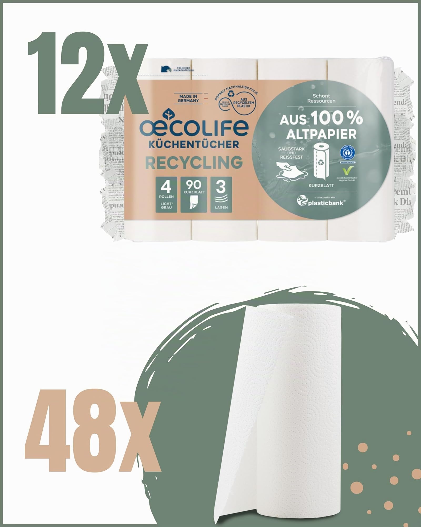 oecolife - Strofinacci da cucina ricicling, 48 rotoli da 90 fogli, fogli corti, rotoli da cucina, sostenibili, rotoli per la casa, asciugamani di carta, carta da cucina