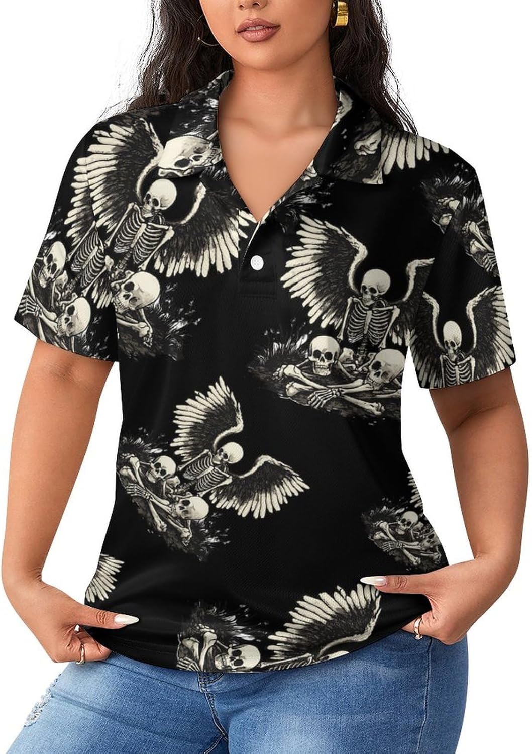 Skeleton Angelwings Womens Golf Polo Shirts Summer Short Sleeve Collared 3 Buttons T Shirt Activewear Tops