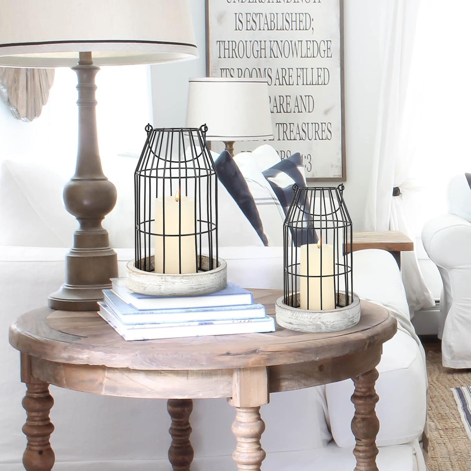 Rustic Wire Metal Cloche Set of 2 Candle Lantern Decorative Indoor Outdoor Vintage Cage Candle Holders Modern Farmhouse Decor for Fireplace Mantle Entryway Living Room Kitchen Dining Table Centerpiece
