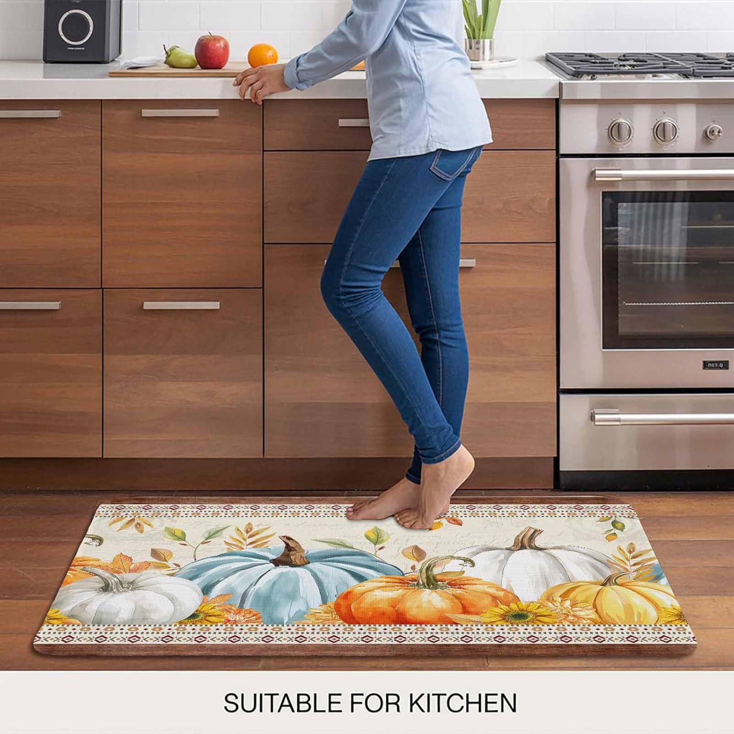 Fall Pumpkin Sunflower Maple Leaves Harvest Thanksgiving Welcome Non Slip Rubber Entryway Front Rug Floor Mat for Indoor Outdoor Kitchen Holiday Home Decor 18x30 Inch
