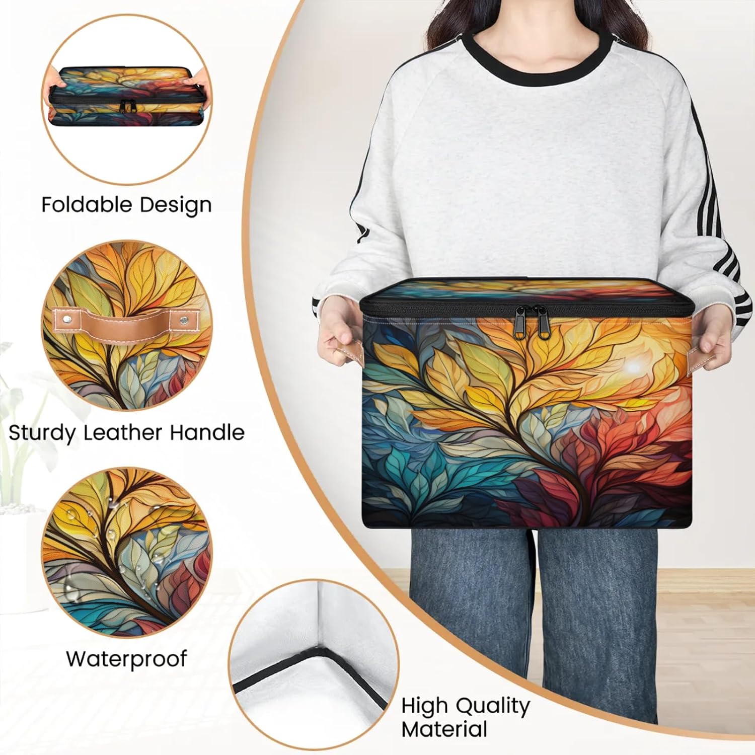 Storage Bin Set of 2 Abstract Colorful Leaf Storage Basket with Zipper Lid & Handle Foldable Closet Shelf 2 Pack Cloth Organizer Basket Cube Bins Clothes Organizer for Nursery, Bedroom