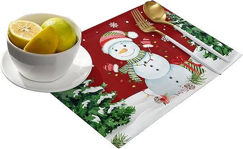 Miniatura 2 de Juego de 4 manteles individuales de muñeco de nieve de Navidad para mesa de comedor, muñeco de nieve, copo de nieve, árbol de Navidad, duradero,