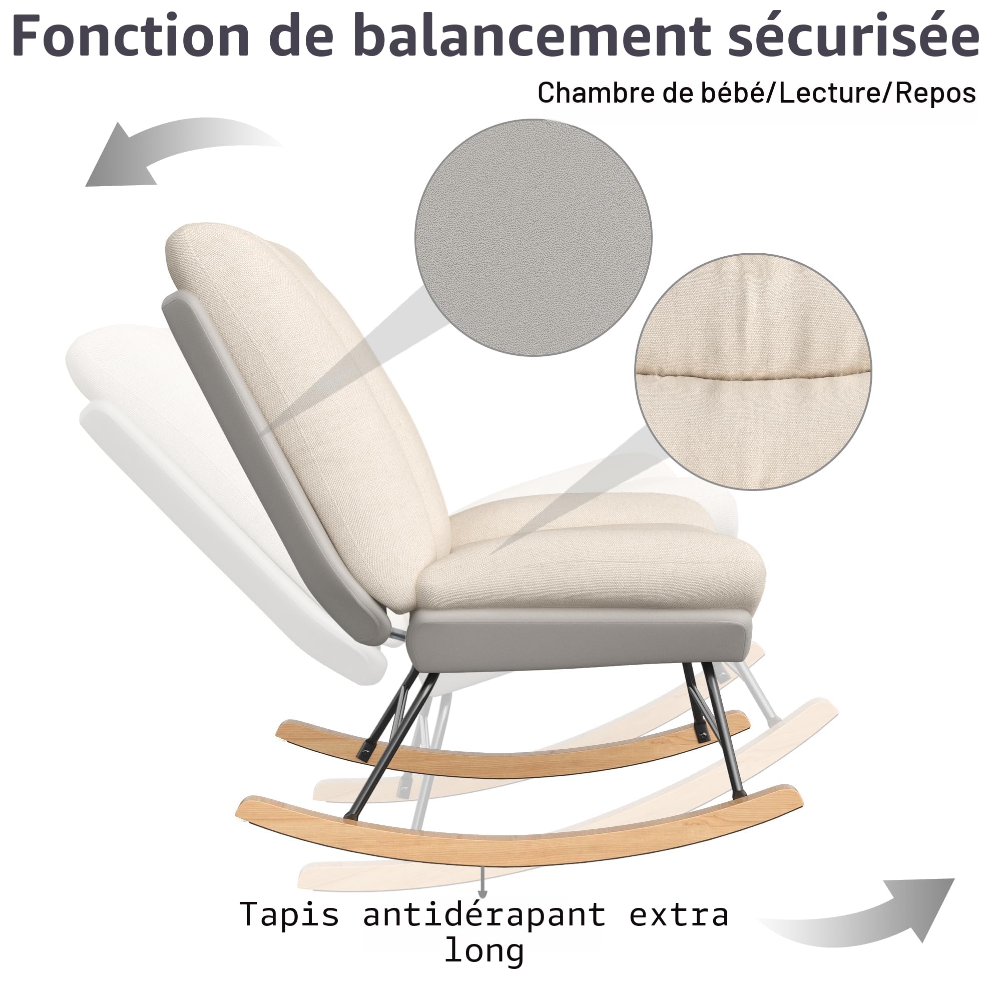 Fauteuil à Bascule, Rocking Chair, revêtement Bouclette, Fauteuils Allaitement, Chaise à Bascules, Fauteuil à Bascule Moderne, Rembourré en Tissu Beige, Cadre en Métal et Bois, Beige