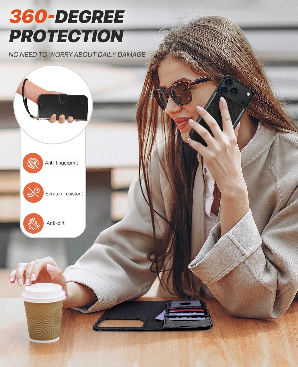OCASE Handyhülle Kompatibel für iPhone 17 Pro Hülle Abnehmbar 2-in-1 Magnetische Premium PU Leder Klapphülle Kabelloses Laden Kartenfach RFID Standfunktion Schutzhülle für iPhone 17 Pro – Schwarz
