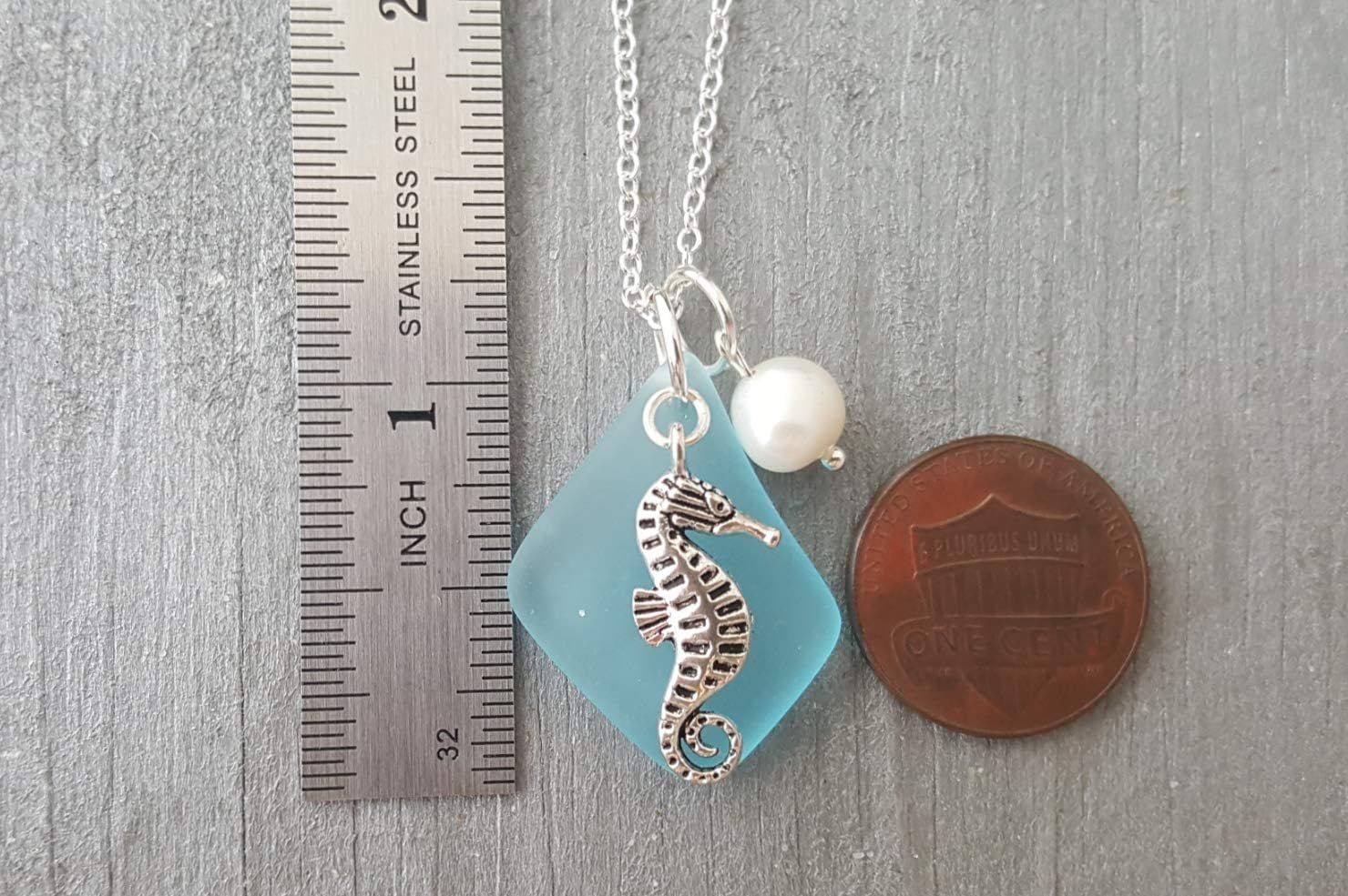 Handmade in Hawaii, turquoise bay blue sea glass necklace,"December Birthstone", Natural pearl, seahorse charm, (Hawaii Gift Wrapped, Customizable Gift Message)