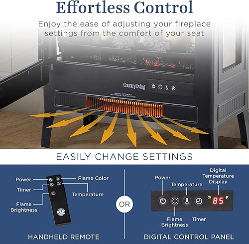 Miniatura 3 de Country Living Calentador eléctrico de chimenea infrarrojo independiente en negro  Varios colores de llama, diseño de metal con troncos de madera