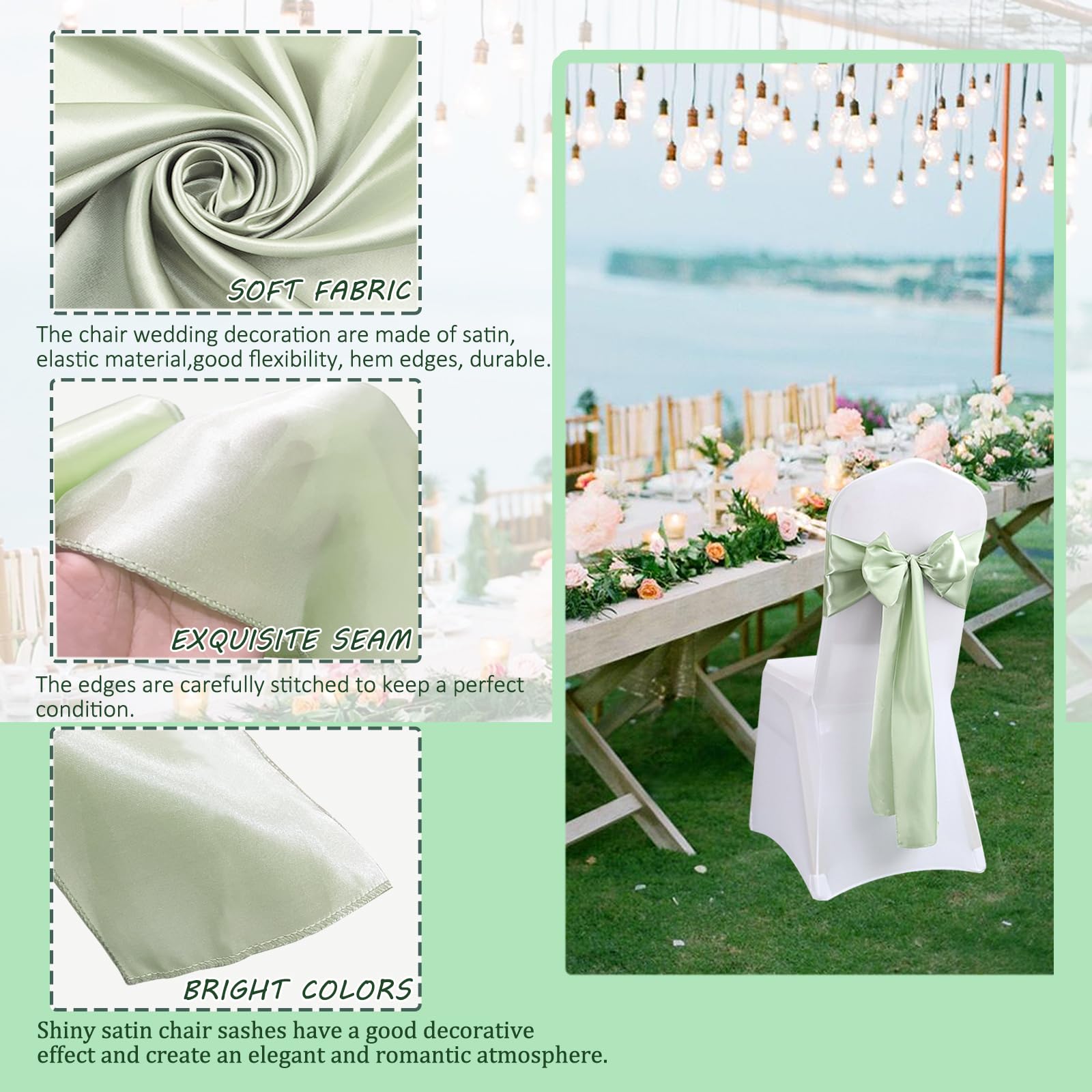 50 Pezzi Satin con Sedie Decorate con Fiocco Design, Decorazione per Sedia in Raso, Fasce in Raso per Sedie, Decorazione per Sedia per Matrimoni, Banchetti, Ricevimenti (Verde Salvia)