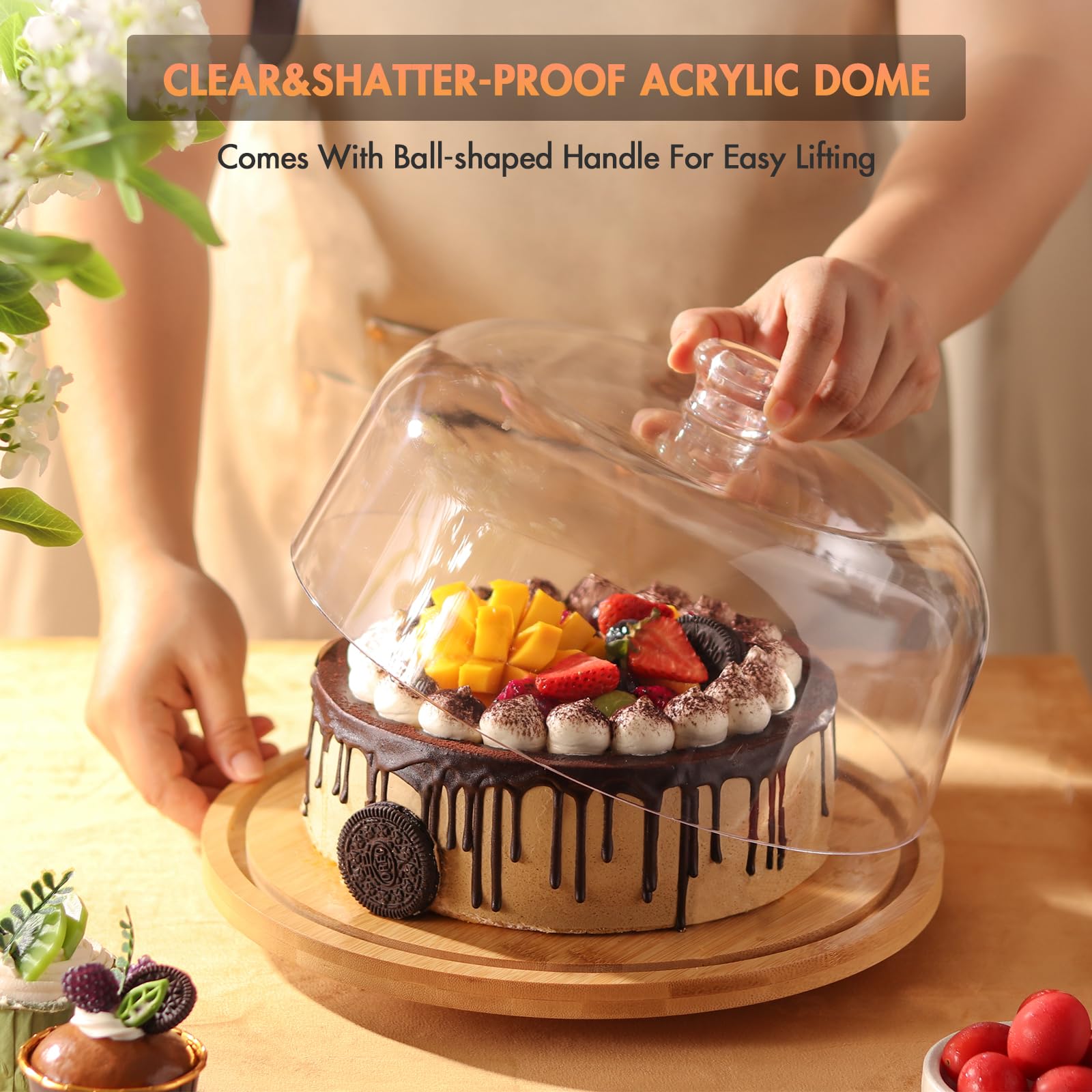 Présentoir à gâteau rotatif avec couvercle, 30 cm en bois de bambou avec dôme, présentoir rotatif à 360° avec couvercle en acrylique pour fromage, tarte, frites et trempettes, moule à gâteau rond
