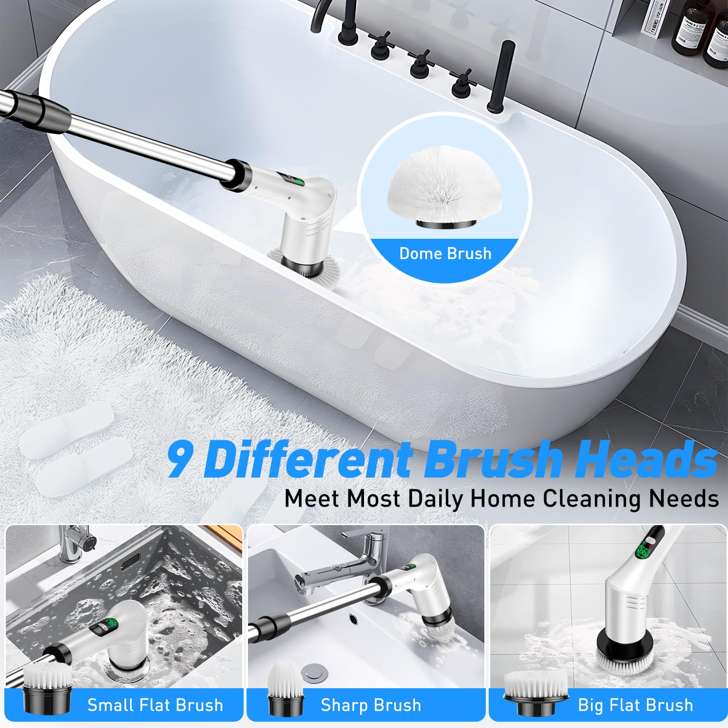 Limpiador giratorio eléctrico, limpiador de ducha inalámbrico con 9 cabezales de cepillo, 2 velocidades con mango de extensión ajustable, estropajo de baño impermeable con pantalla LCD para