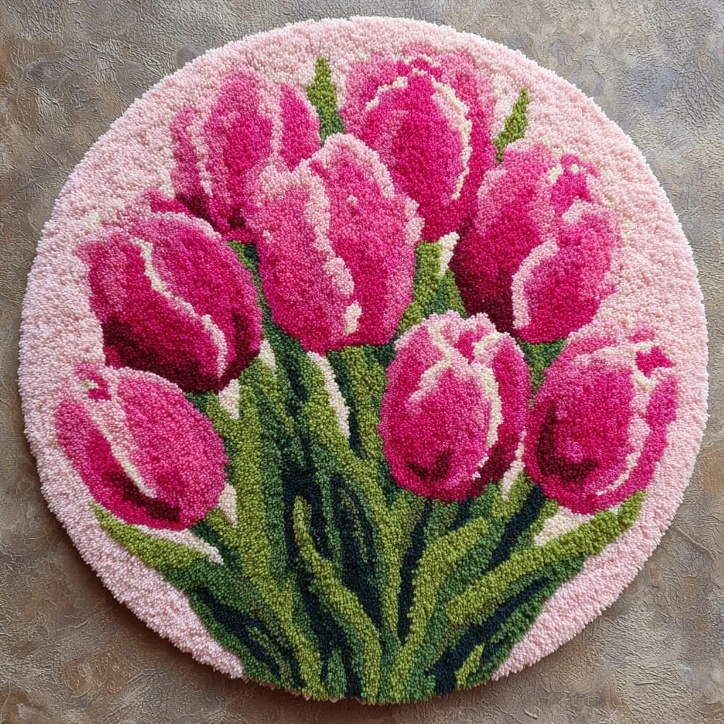 AMBATTERY Round DIY Latch Hook Rug Kits,Tulip Flowers