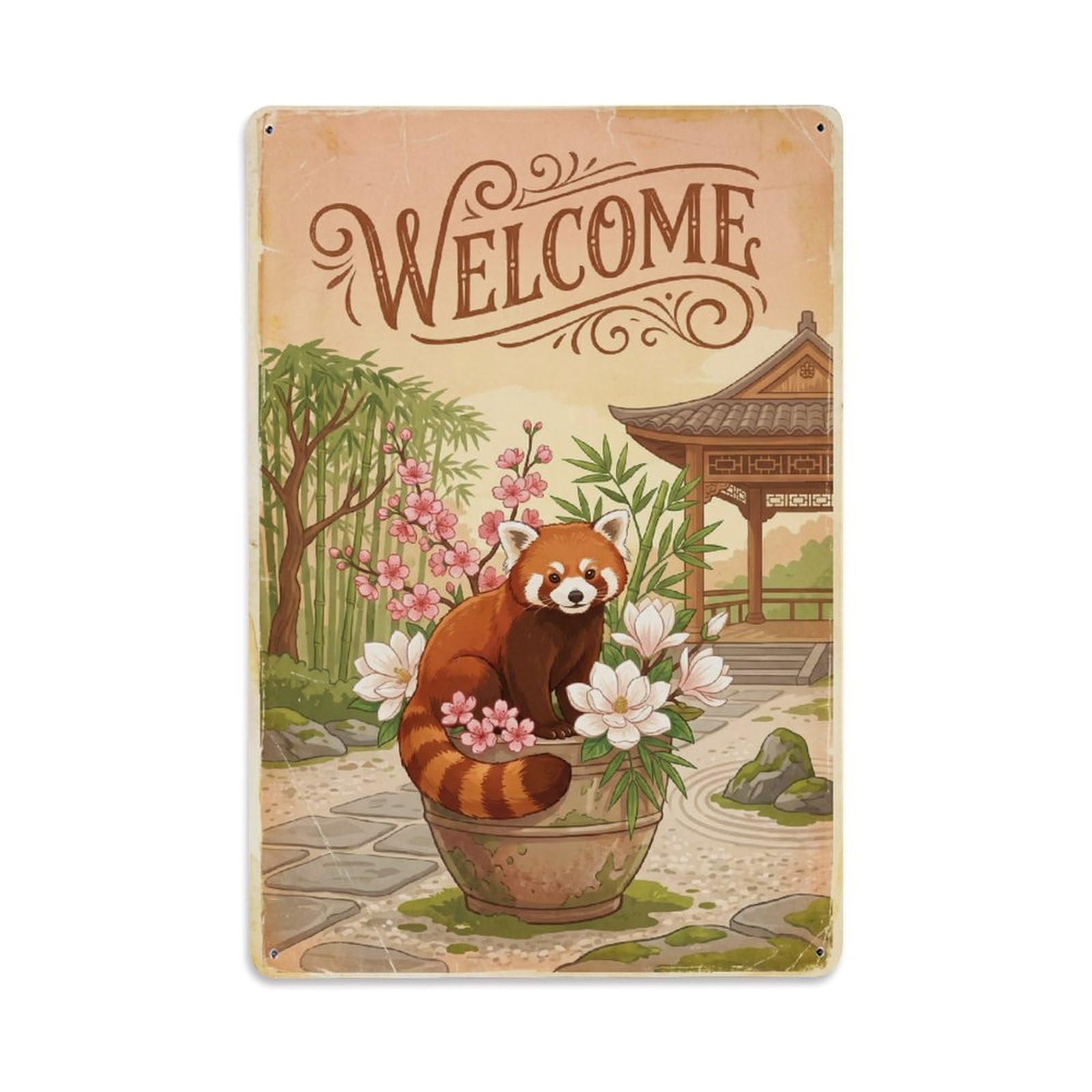 Cxhjca 8X12inch(20X30cm) Vintage Welcome Red Panda Morning Dew Metal Tin Sign