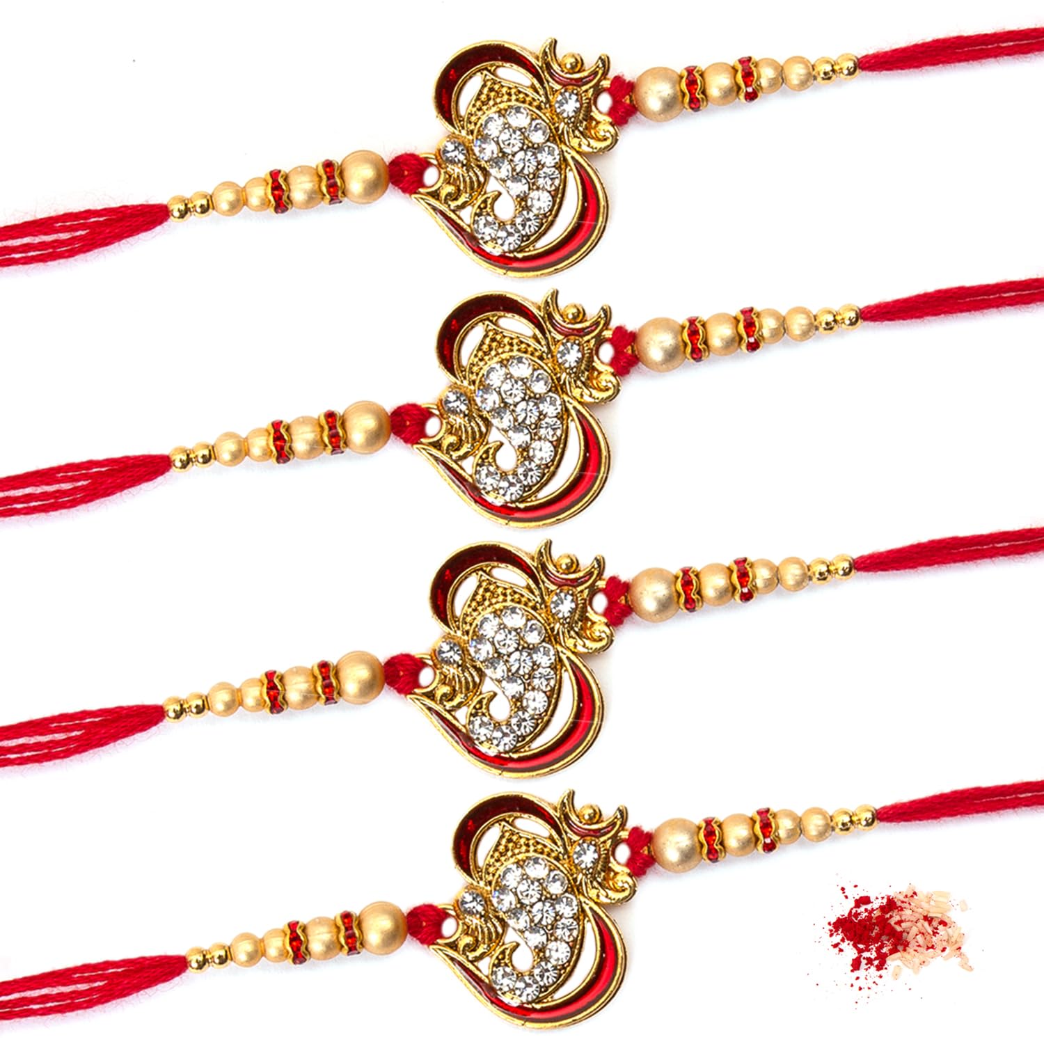 Elegant Golden Rakhi/Band for Beloved Brother with Tilak Material (Rakhi Combo of 4)-image-42