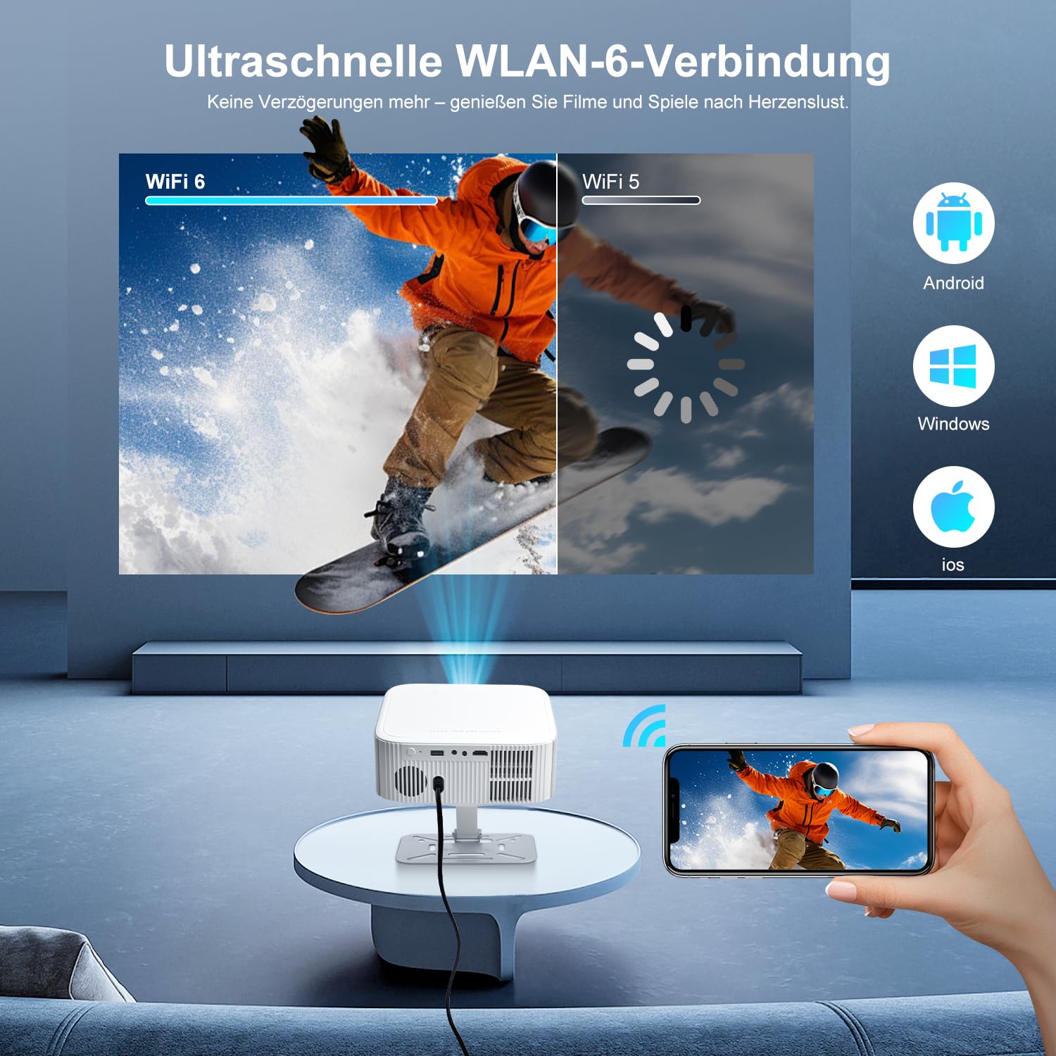 Proiettore Salange supporto 4K [1080P nativo | App integrata | Android 14],proiettore intelligente WiFi6 Bluetooth 5.4,portatile fuoco elettronica e correzione automatica,home theater rotazione 180°