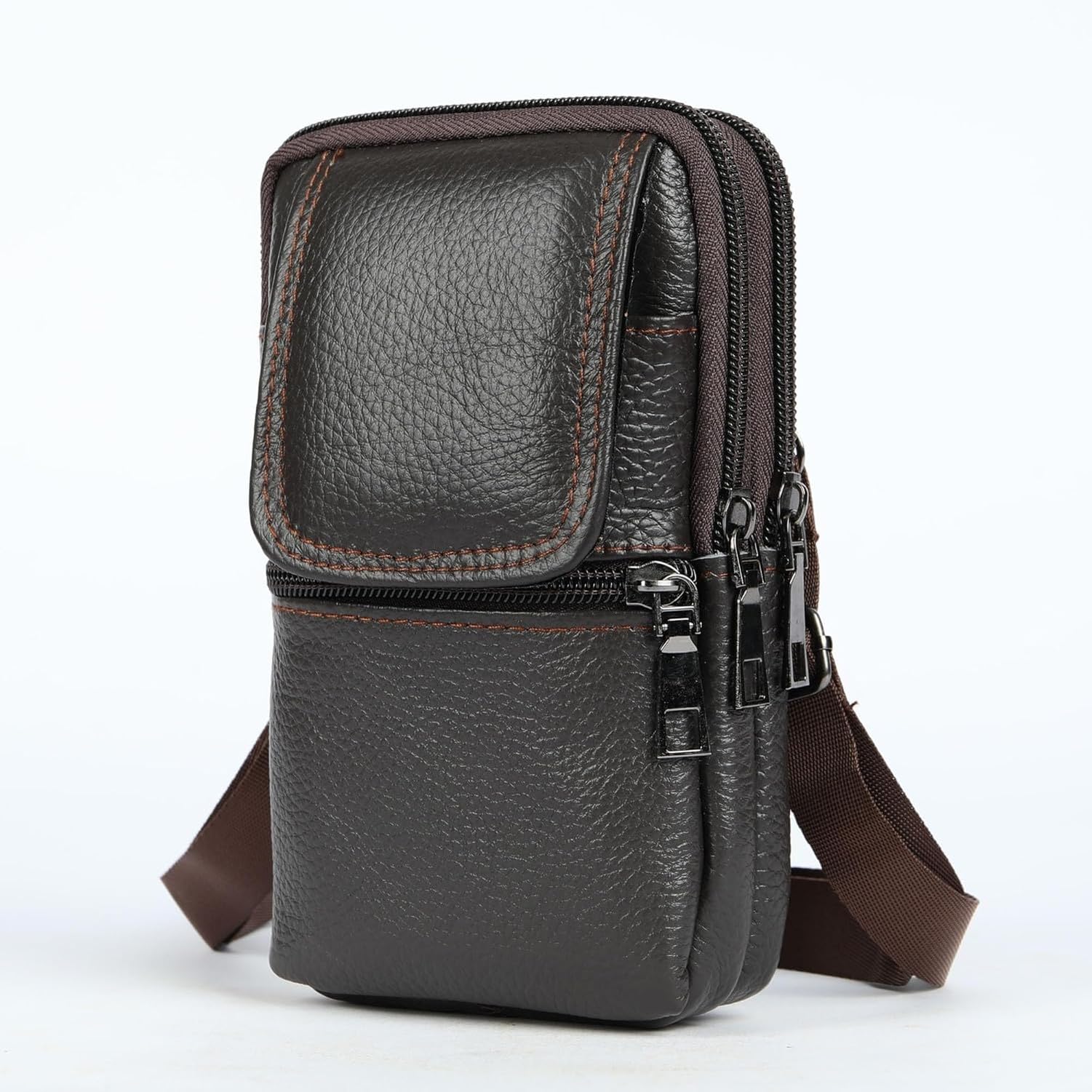 KGAIXN Genuine Leather Mobile Phone Crossbody Case for Men, Cell Phone Holster for Belt and Shoulder Carry, Vertical EDC Pocket Belt Clip,Pouch Holder for Smartphone/M, Coffee