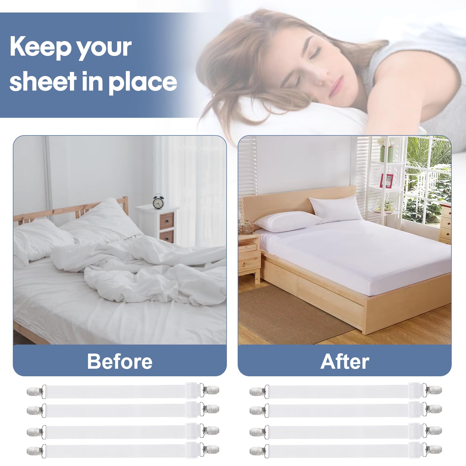 Carehabi 8 Piezas Sujetadores para Sábanas, Sujetadores de Hojas, Ajustables Elásticos Correas Cama Clips para Sábanas o Sofás, Blanco (Extender 30-120 cm)