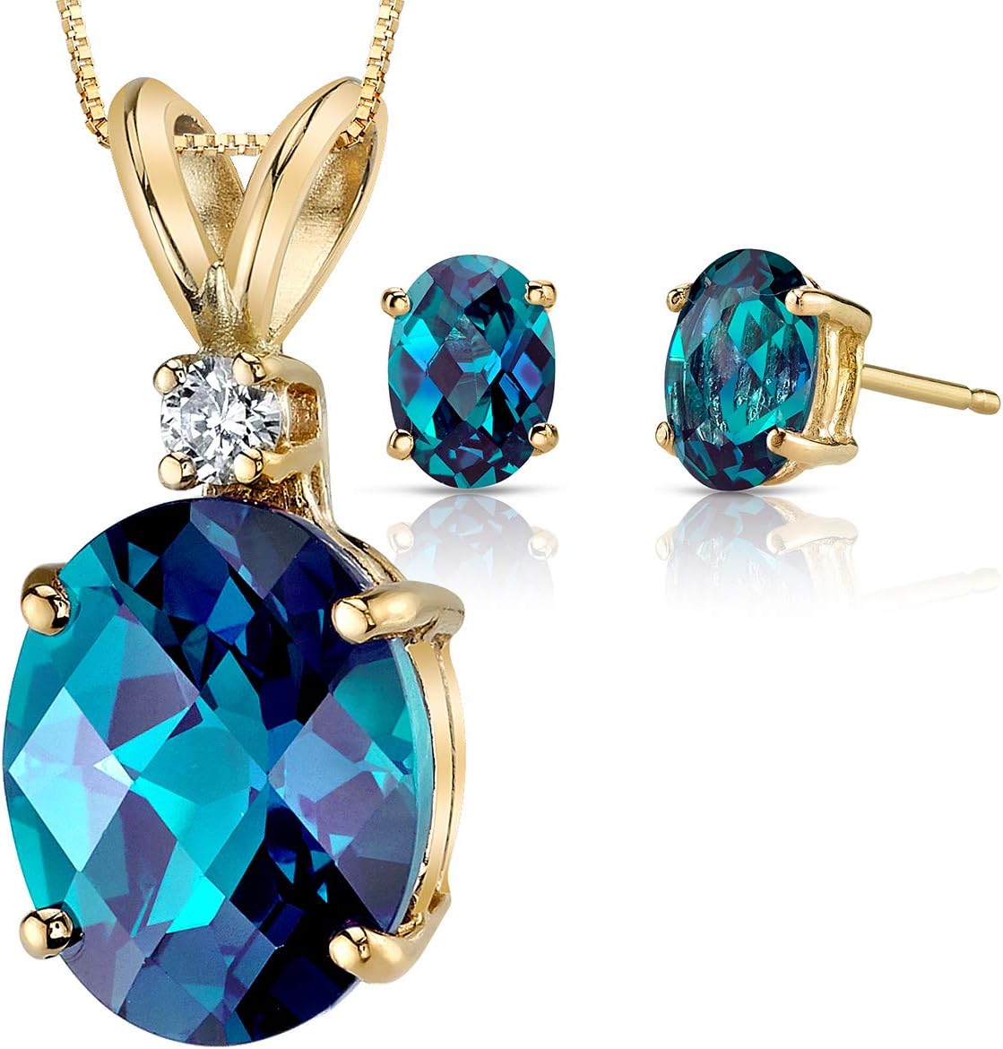 PEORA 14K Yellow Gold Created Alexandrite Pendant and Earrings - Oval Shaped - Pendant 3.30 Carats + Stud Earrings 2 Carats