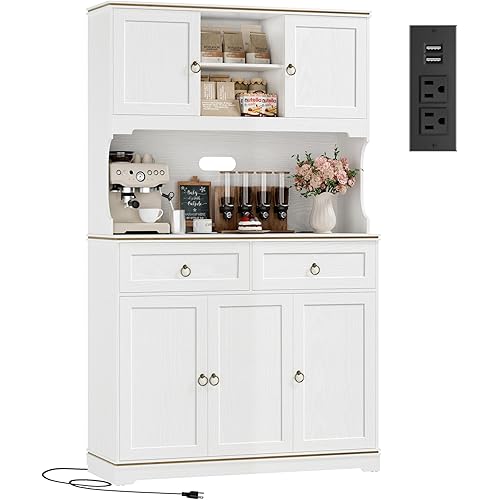 HOSTACK Large Kitchen Pantry Cabinet with Charging Station, 71" Kitchen Hutch Cabinet with Storage Drawers and Countertop, Farmhouse Food Pantry with Microwave Stand for Dining Living Room, White