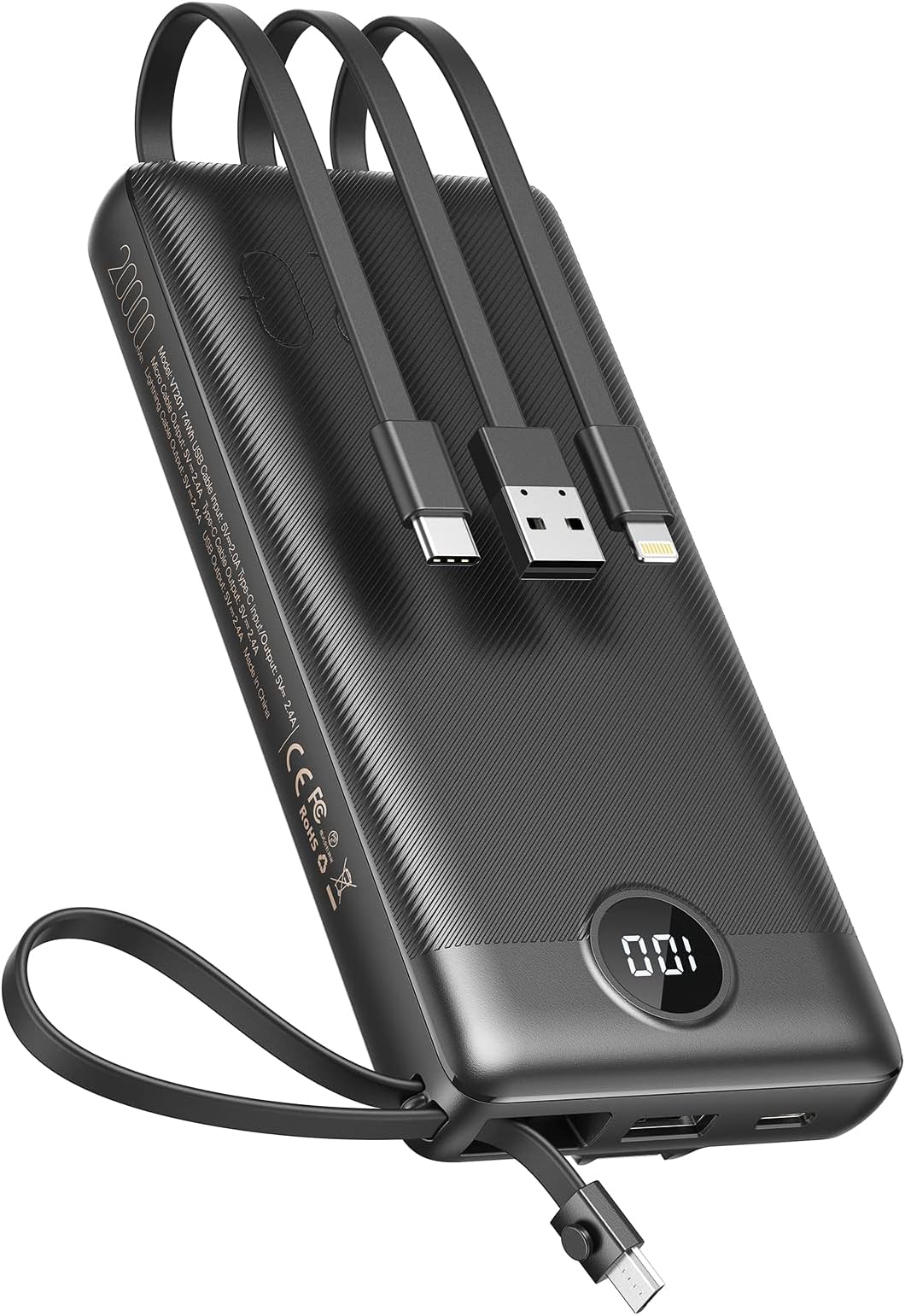 Power Bank with Built in Cables, Portable Charger for iPhone, USB C LCD Display External Battery Charger Bank Compatible with iPhone, iPad, Samsung (20000mAh Black)