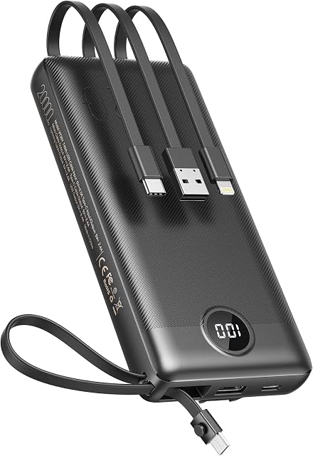 VEEKTOMX Power Bank with Built-in Cables, 20000mAh USB C Portable Charger with 5 Outputs & 2 Inputs and LED Display, External Battery Bank for iPhone 14 13 12/ iPad/Samsung S22/21/20 (2000mAh-Black)