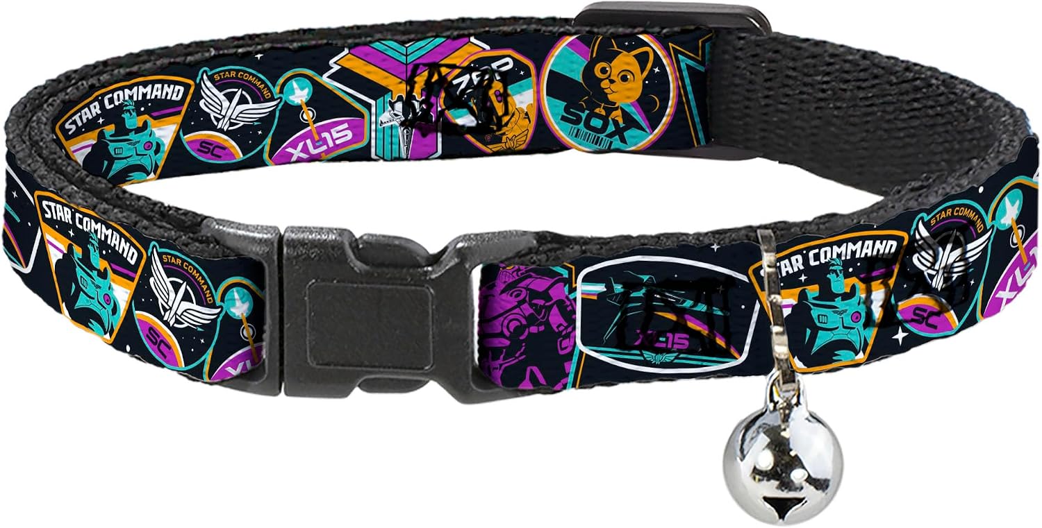 Disney Breakaway Cat Collar | Lightyear Mission Patches Collage Black Multi Color Durable Adjustable Bell ID Tag Ring