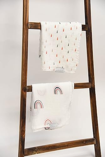 Miniatura 5 de Manta para bebé - Paquete de 2 | Juego de arcoíris bohemio + gotas de lluvia | Mezcla de algodón de muselina | Artículos esenciales para recién