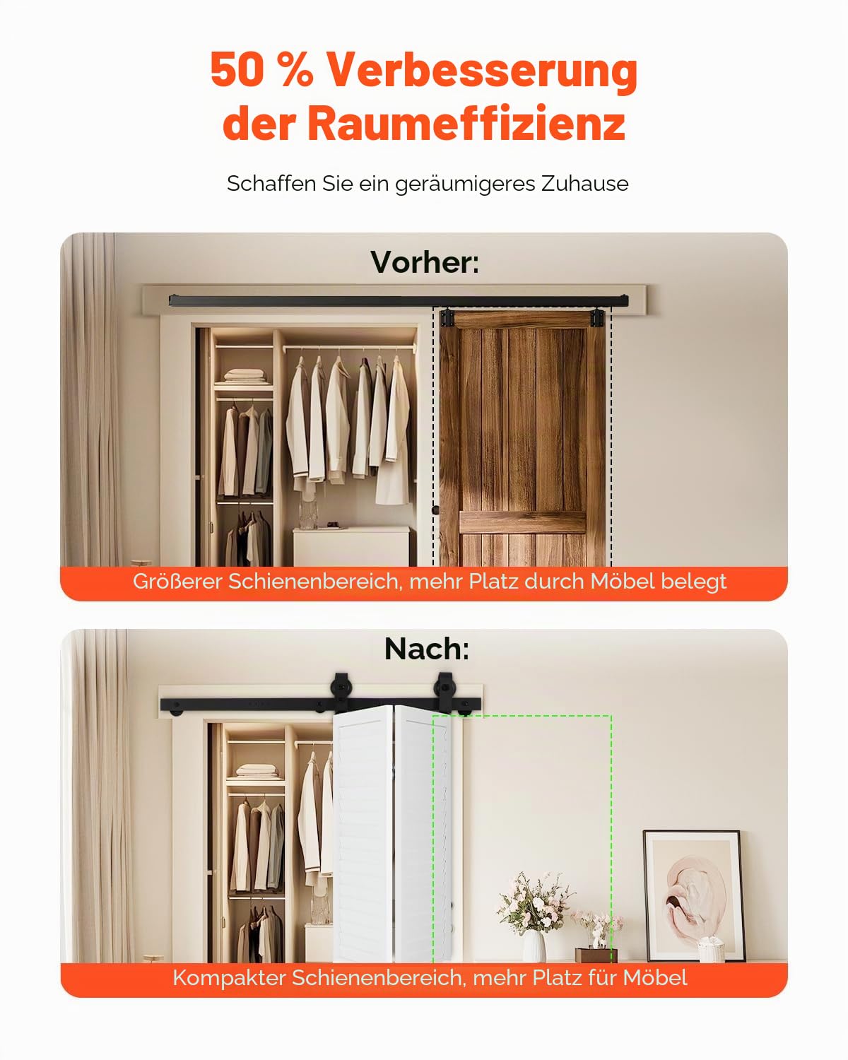 VEVOR Schiebetürsystem für faltbare Schiebetür, Schiebetürbeschlag 1016 mm Laufschiene, geeignet für zwei 45,7 cm große Schrank-, Speisekammer- & Wäschetüren (nicht im Lieferumfang enthalten)
