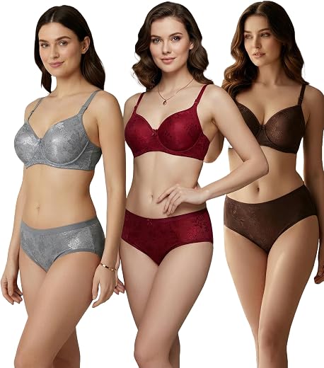 Kinzie Elegant Floral Jacquard Lingerie Set, Grey Brown Maroon Bra and Brief, Comfortable Full Coverage Underwear Set, Pad...