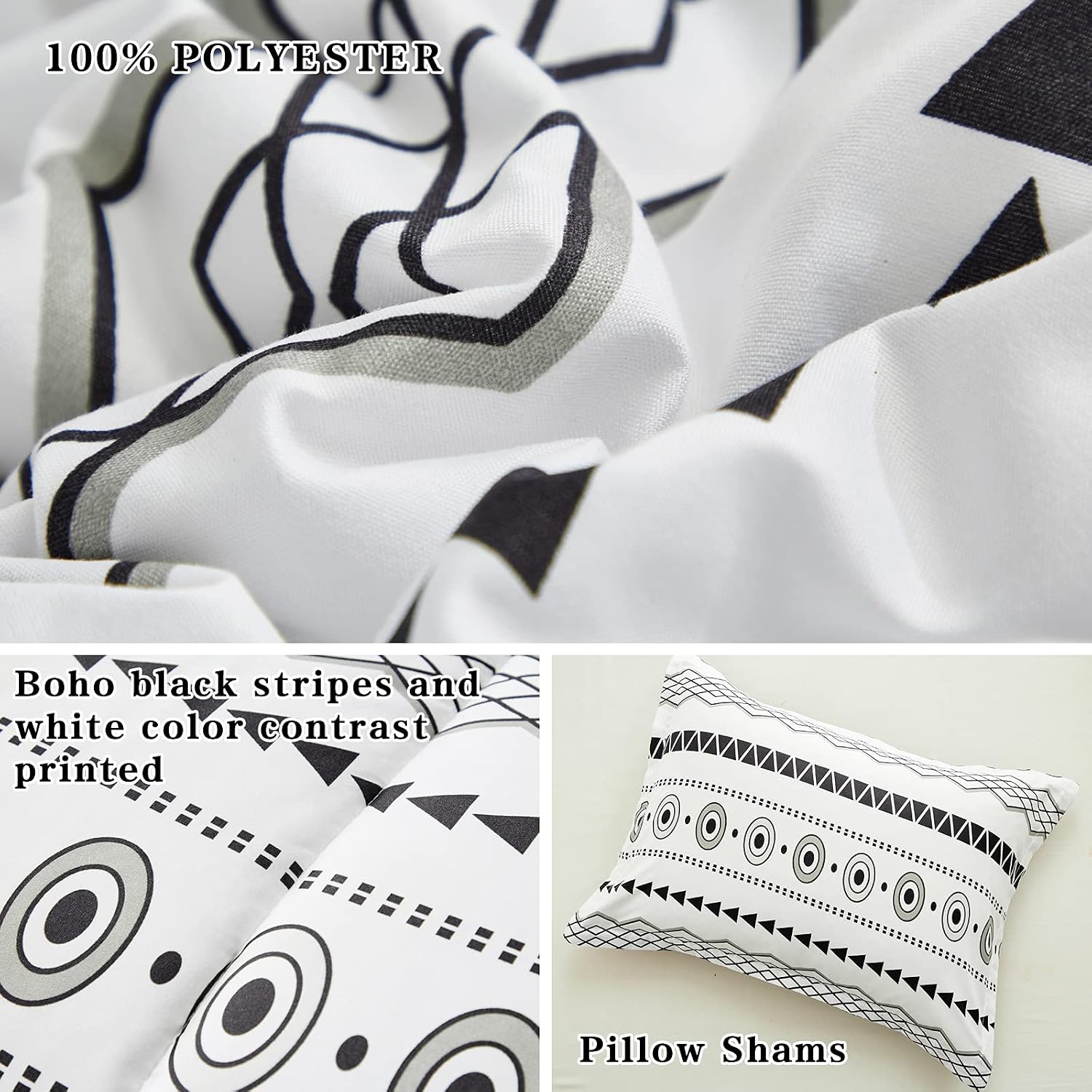 FlySheep 3 Pcs Farmhouse Comforter Set Full Queen Modern Boho White, Bohemian Aztec Geometric Black Striped Lightweight Bedding Set for All Season, Brushed Microfiber Comforter + 2 Pillow Shams