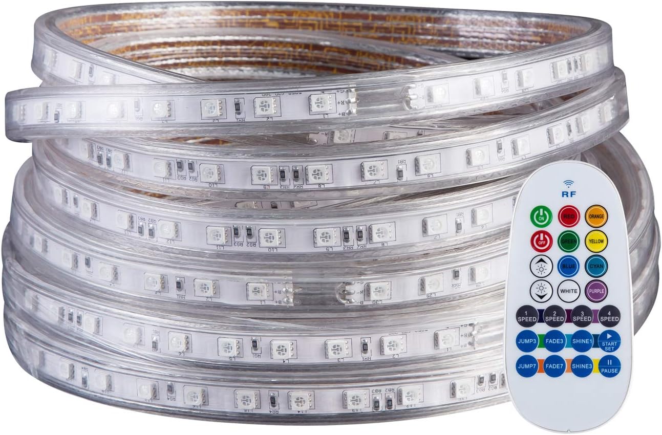 GuoTonG 32.8ft/10m Dimmable Strip Lights kit, Flexible RGB 600 LEDs, 110V, 4 Wires, Waterproof, Connectable, UL Listed Power Supply,Power Plug Built-in Fuse Design, Radio Frequency Controller