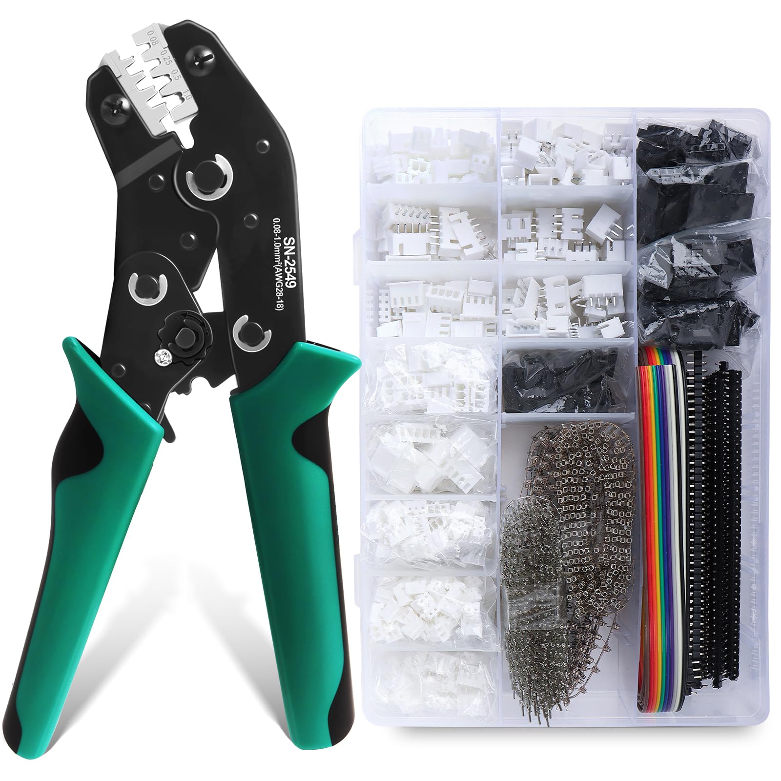 SN-2549 - Kit de crimpadora de barril abierto de trinquete, 2316 piezas JST-XH 2.54 mm/JST-PH 2.0 mm/conectores y terminales DuPont, con cabezales de pin y cable de cinta, 0.08-1.0 mm² (28-18 AWG)