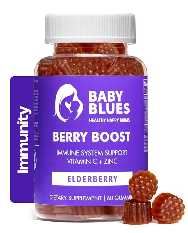 Baby Blues Suplemento para a imunidade com sabugueiro 150 mg, vitamina C 90 mg e zinco 7,5 mg, sabor cereja escura, 60 gomas