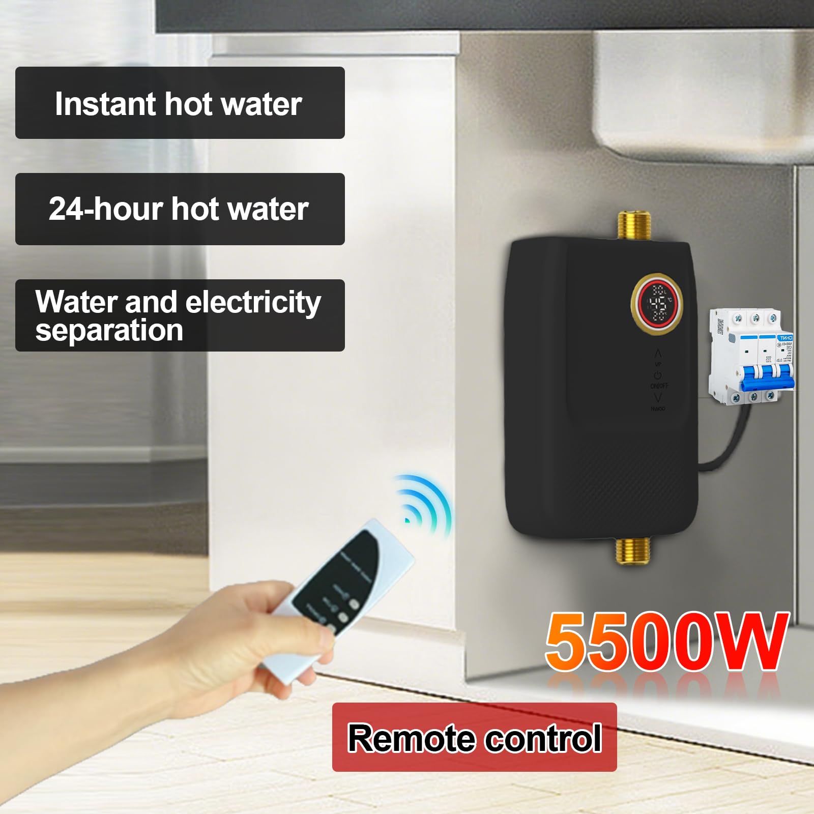 5500 W 220 V natychmiastowy podgrzewacz wody, mini elektryczny podgrzewacz wody, wyświetlacz LED, regulowana temperatura ogrzewanie elektryczne z ekranem dotykowym i pilotem do kuchni RV
