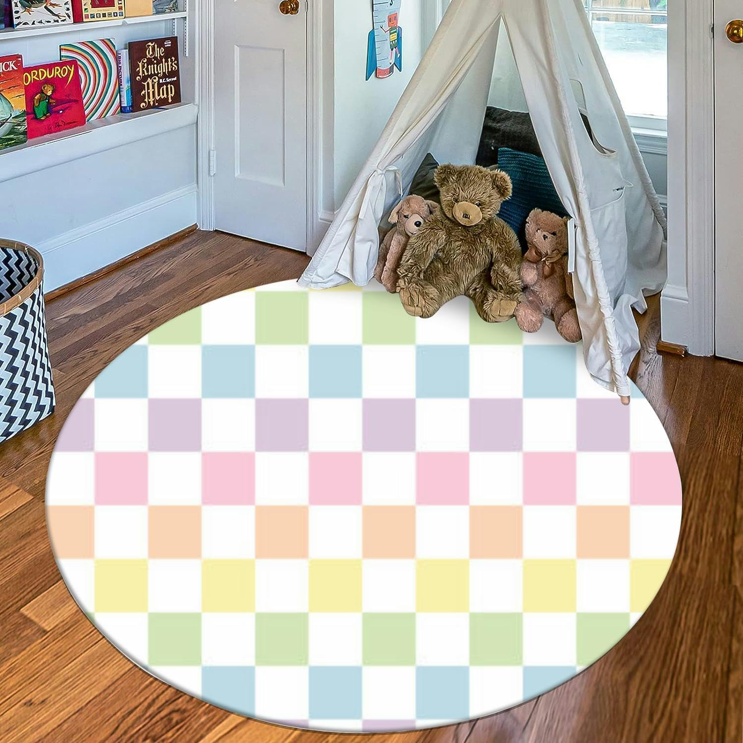 Round Rug 4ft Circle Area Rug Pastel Checker Rainbow Color png Transparent Carpet Washable Small Round Rugs for Bedroom Aesthetic Bathroom Laundry Living Room Kitchen Outdoor, RT-666