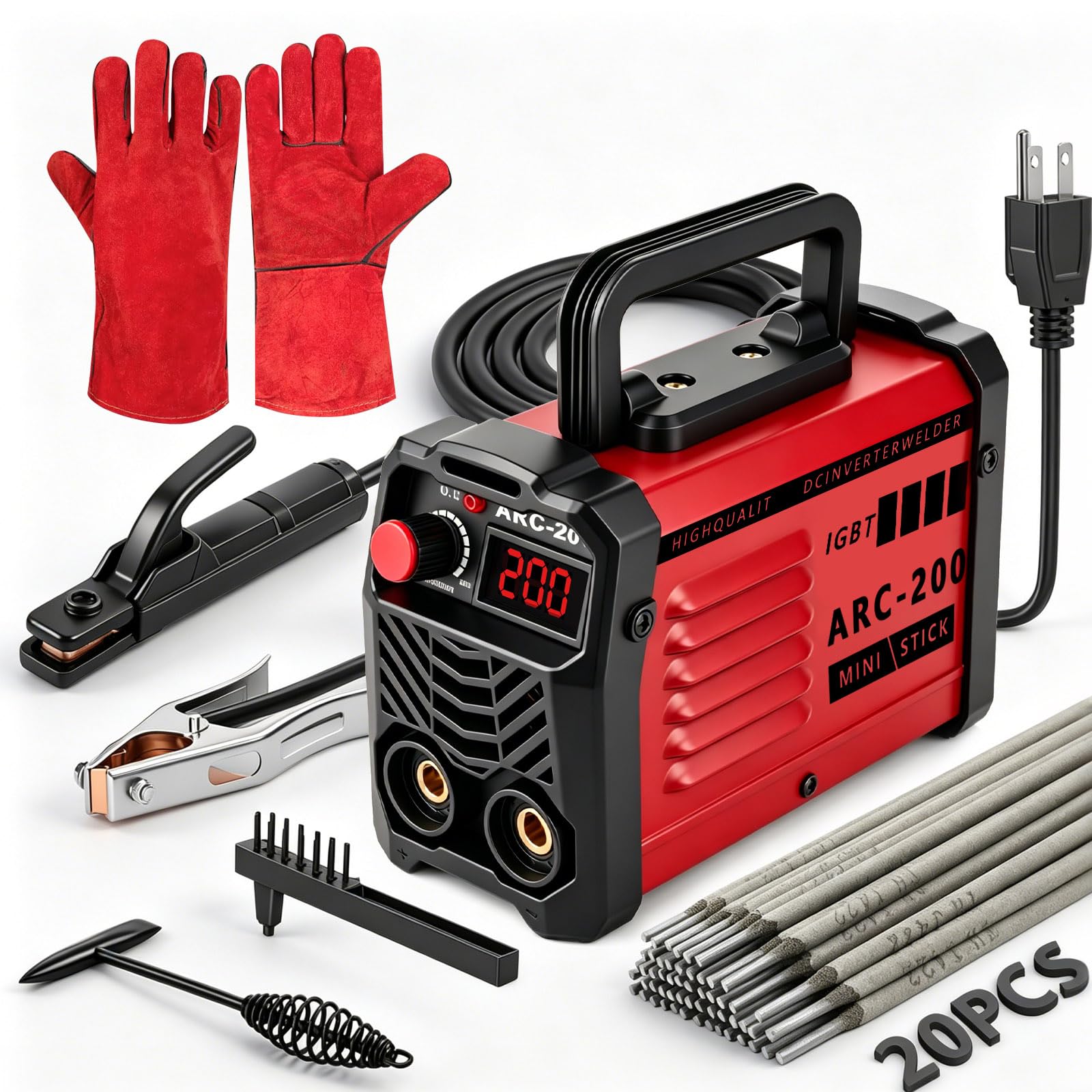 Hpoouo 200A Stick Welder, red, compact size with accessories