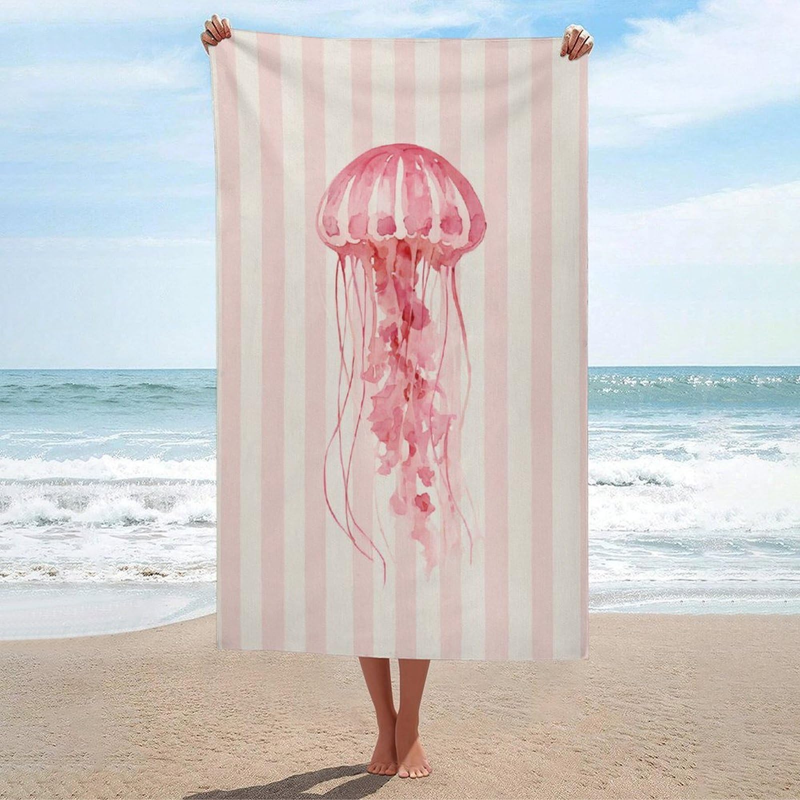 LSRCPD Jellyfish with Long Flowing Tentacles Watercolor Beach Towel Sand Free Microfiber Large Shower Towels Multipurpose Absorbent for Bathroom Pool 130x80 CM