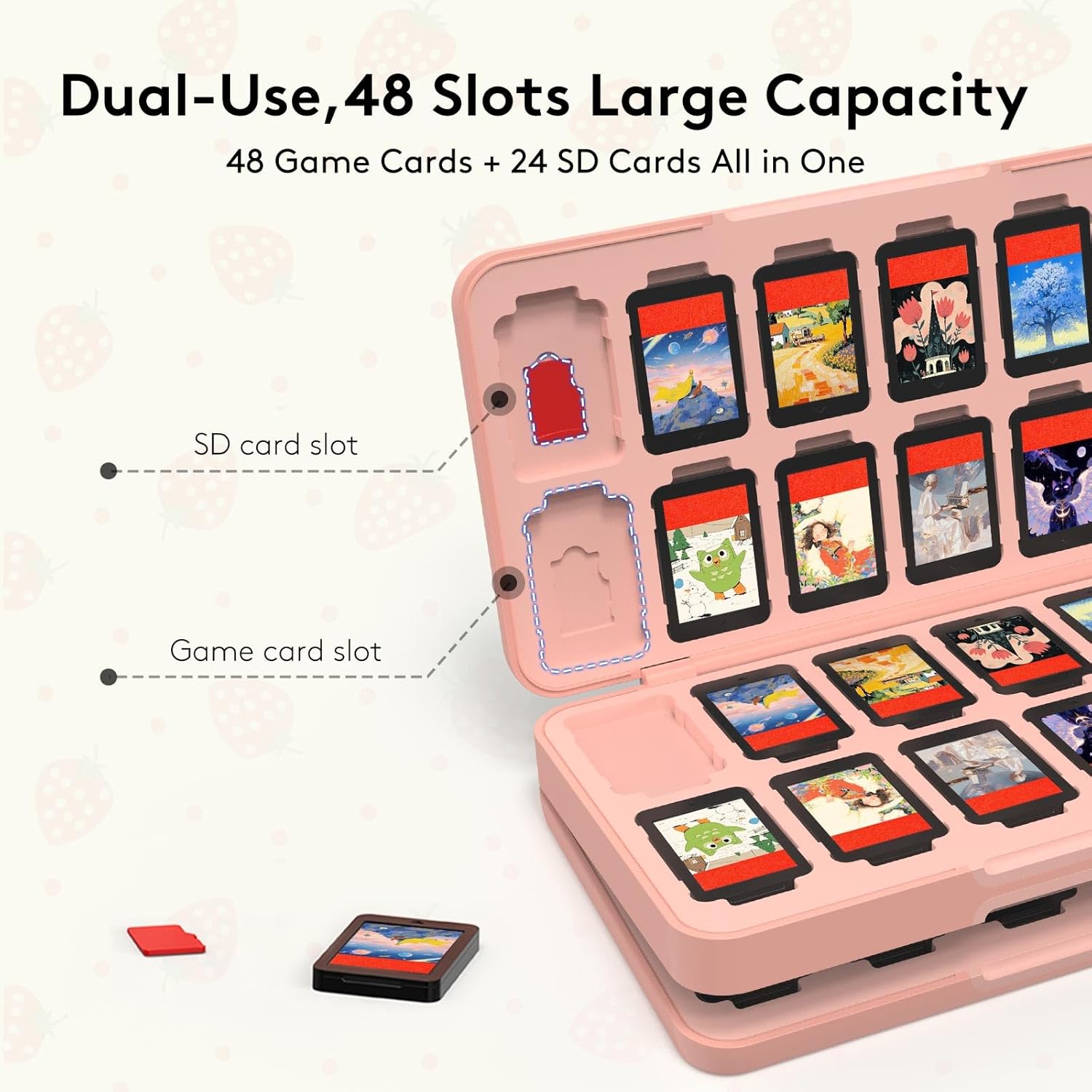 JEMDO 48 Game Card Case Compatible with Nintendo Switch 2/2017/OLED,Cute Strawberry Protective Holder for 24 micro SD Cards,Hard Shell Portable Storage Box,TPU Soft Liner Cartridge Organizer, Pink - Image 2